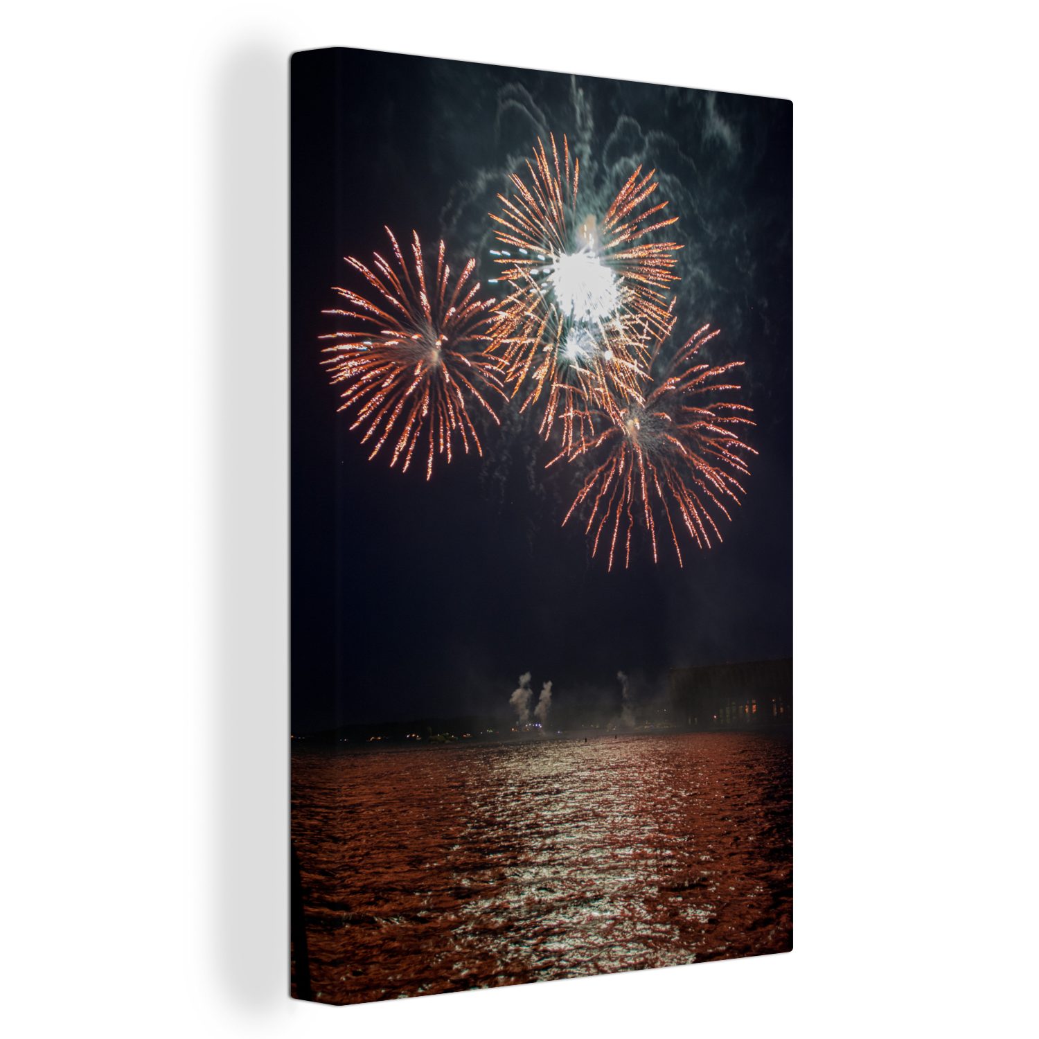 OneMillionCanvasses® Leinwandbild Feuerwerk - Silvester - Wasser, (1 St), Leinwandbild fertig bespannt inkl. Zackenaufhänger, Gemälde, 20x30 cm