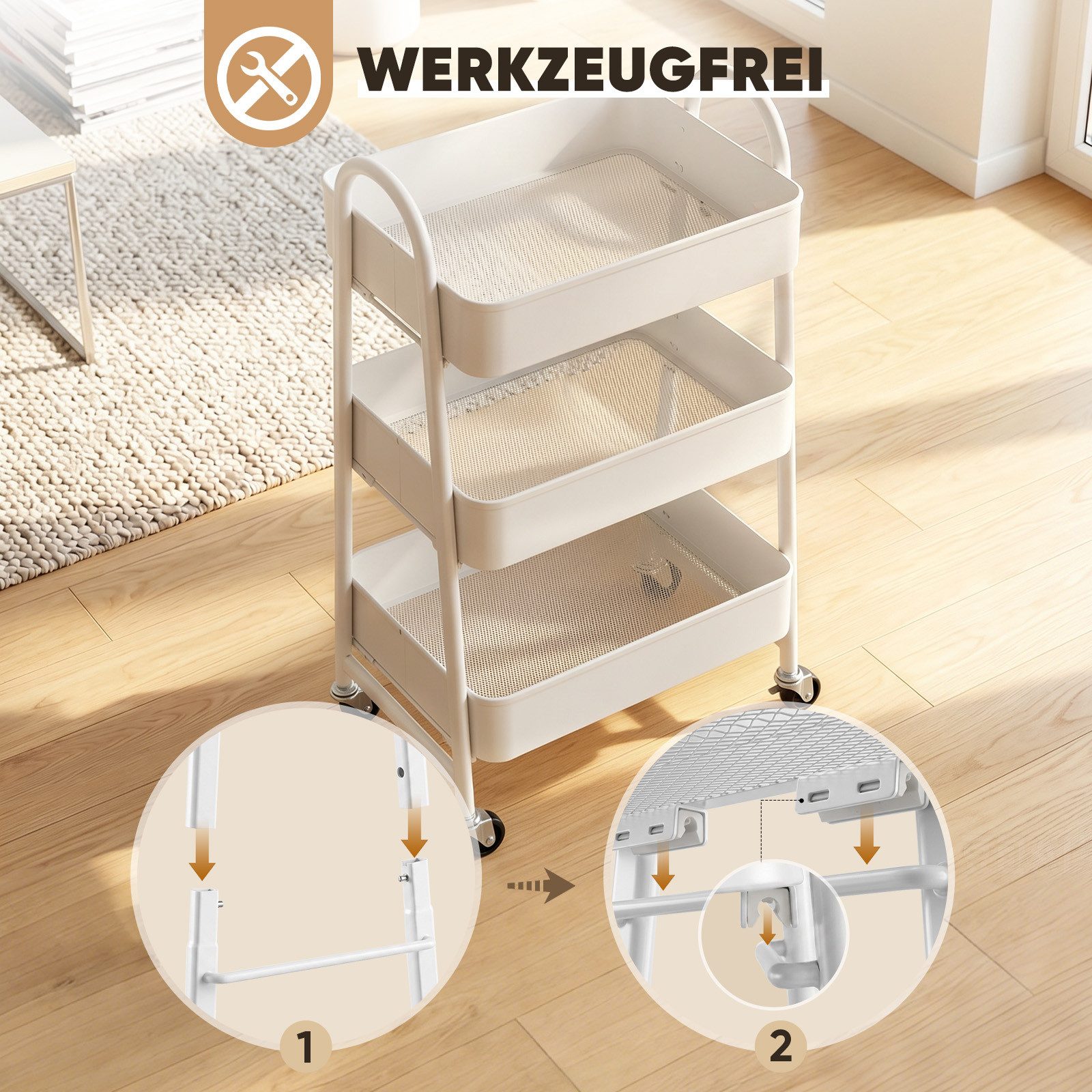 Sekey Rollwagen Küche 30 cm Breit Servierwagen mit Rollen Metall, 2 Körben & 4 Haken, Innovatives Klick-Design für schnelle Montage ohne Schrauben – Bild 5 von 5
