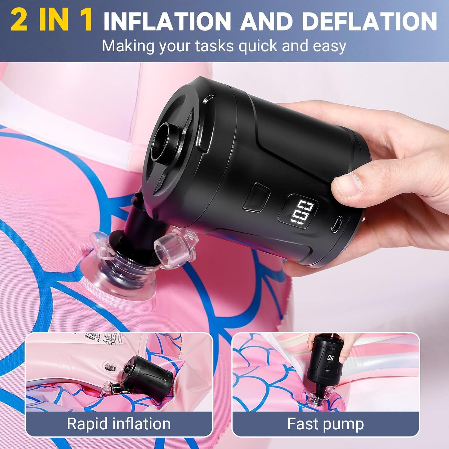 FELIXLEO Akku-Luftpumpe Elektrische Luftpumpe 5200mAh Akku Schnell Inflator mit 4 Düsen (2-tlg)