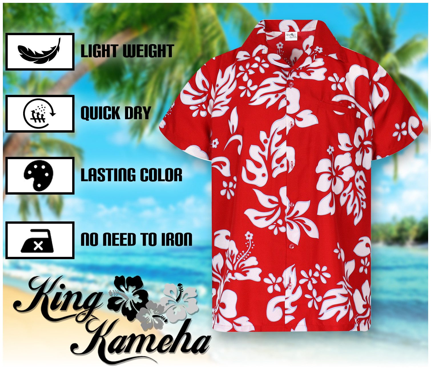 King Kameha Hawaiihemd Hibiscus Übergrößen 7XL-12XL Kurzarm Front-Tasche Stylish Unisex