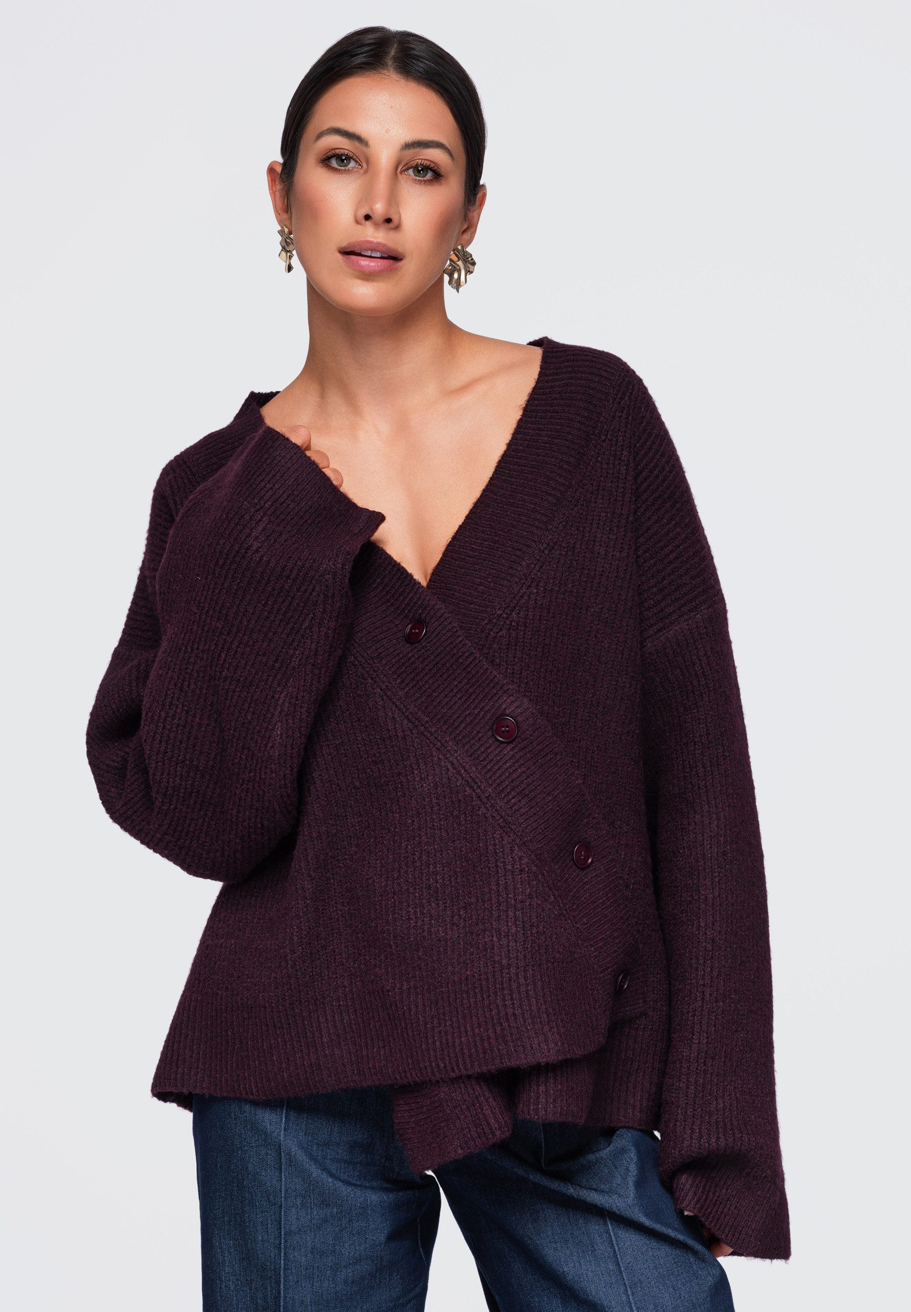 OMBRE Cardigan Damen Pullover mit V-Ausschnitt und Loose Fit Plum ONESIZE (kein Set, 1-tlg) in Unifarbe