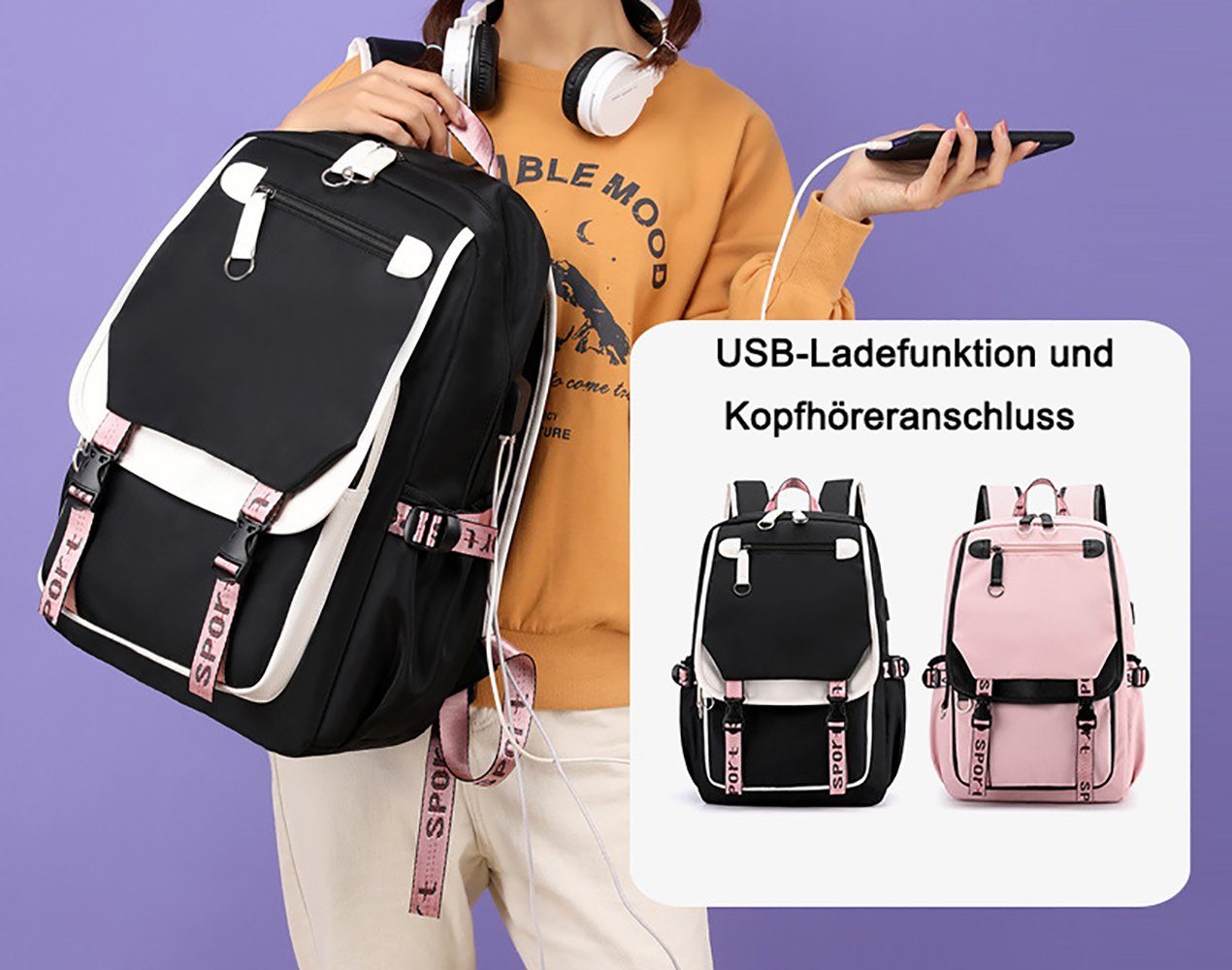 Schulranzen Freizeit Schulrucksack, Schultaschen Rucksack Set, mit schwarz,rosa GelldG Rucksack