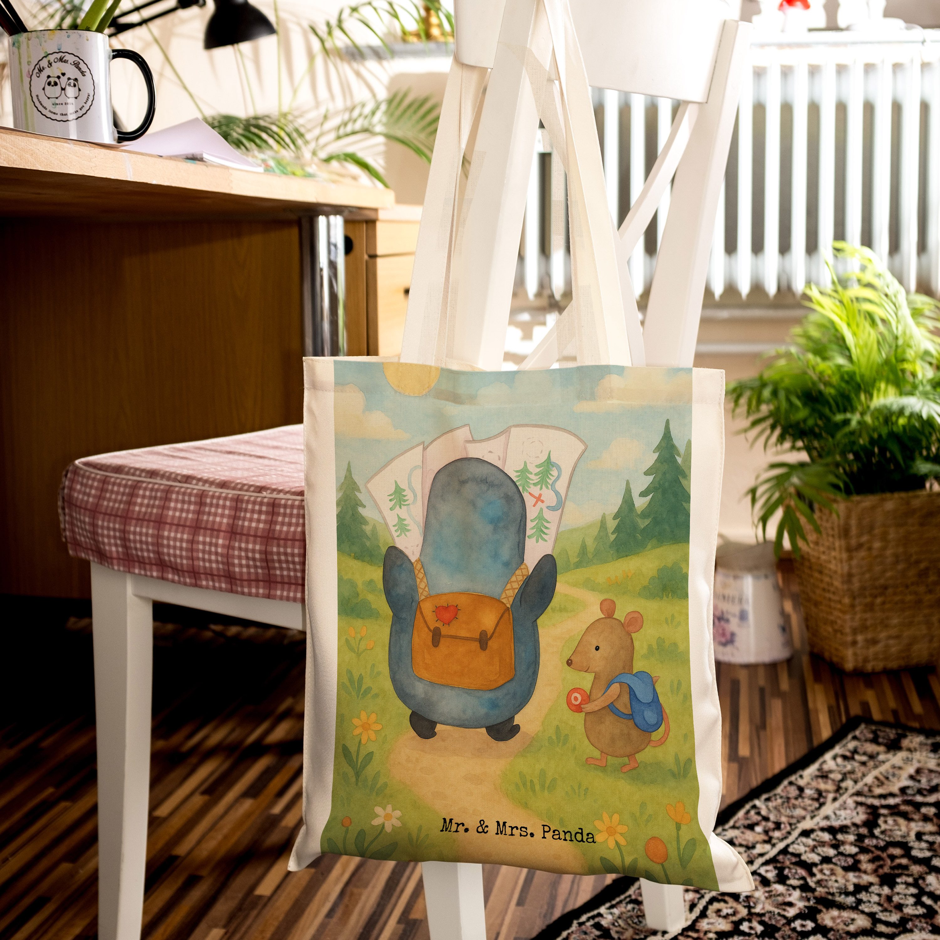 Mr. & Mrs. Panda Tragetasche Pinguin & Maus Wanderer Design, Tote Bag, Weiß, Baumwollbeutel, Wande (Packung), Büchertasche Baumwoll-Tragetasche studententasche