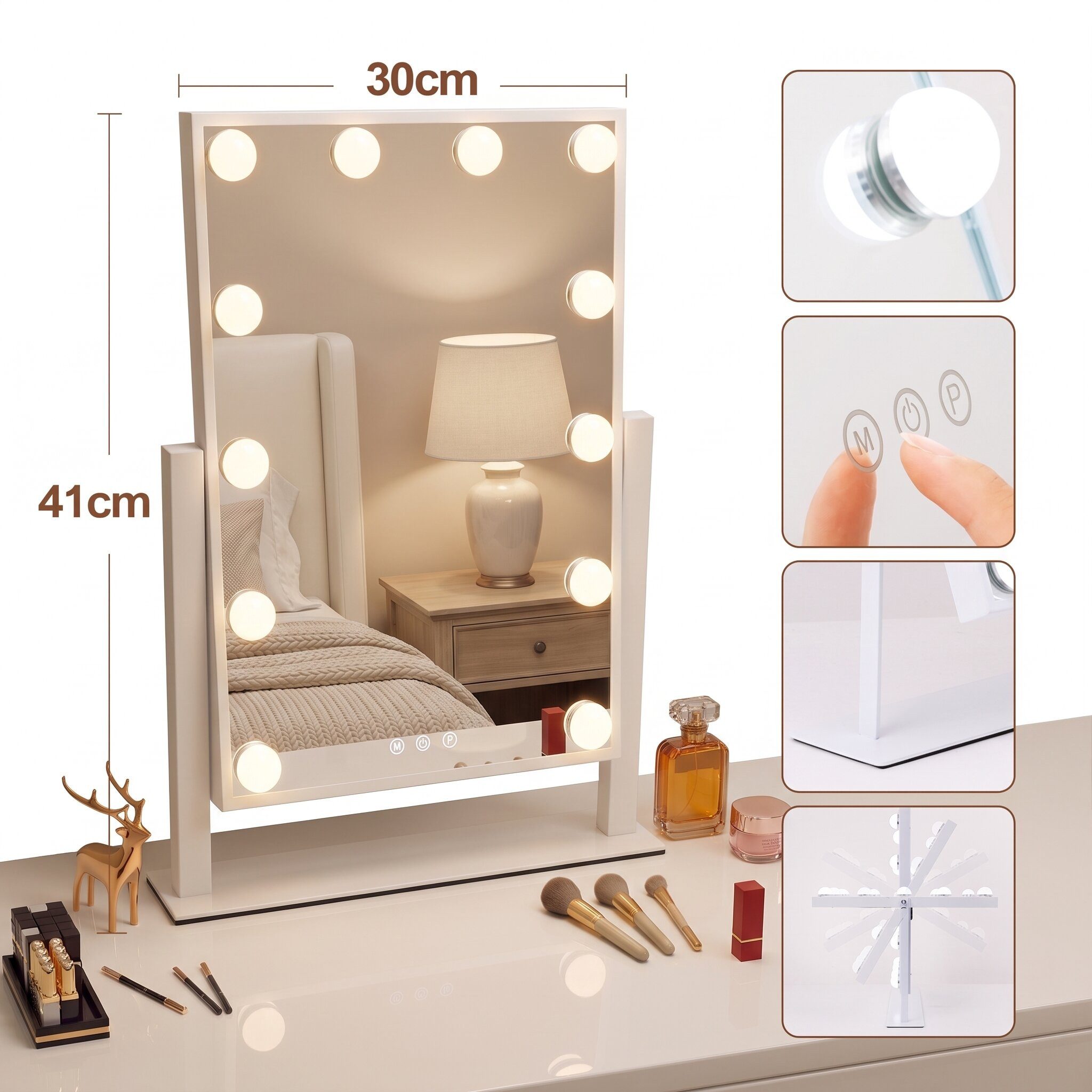 oyajia Schminkspiegel mit Beleuchtung Hollywood Spiegel, 3 Lichtfarben Touch Dimmbar (30x40cm,Hollywood Spiegel,Schminkspiegel mit Licht, 12 Dimmbare LED,3 Bele – Bild 2 von 5