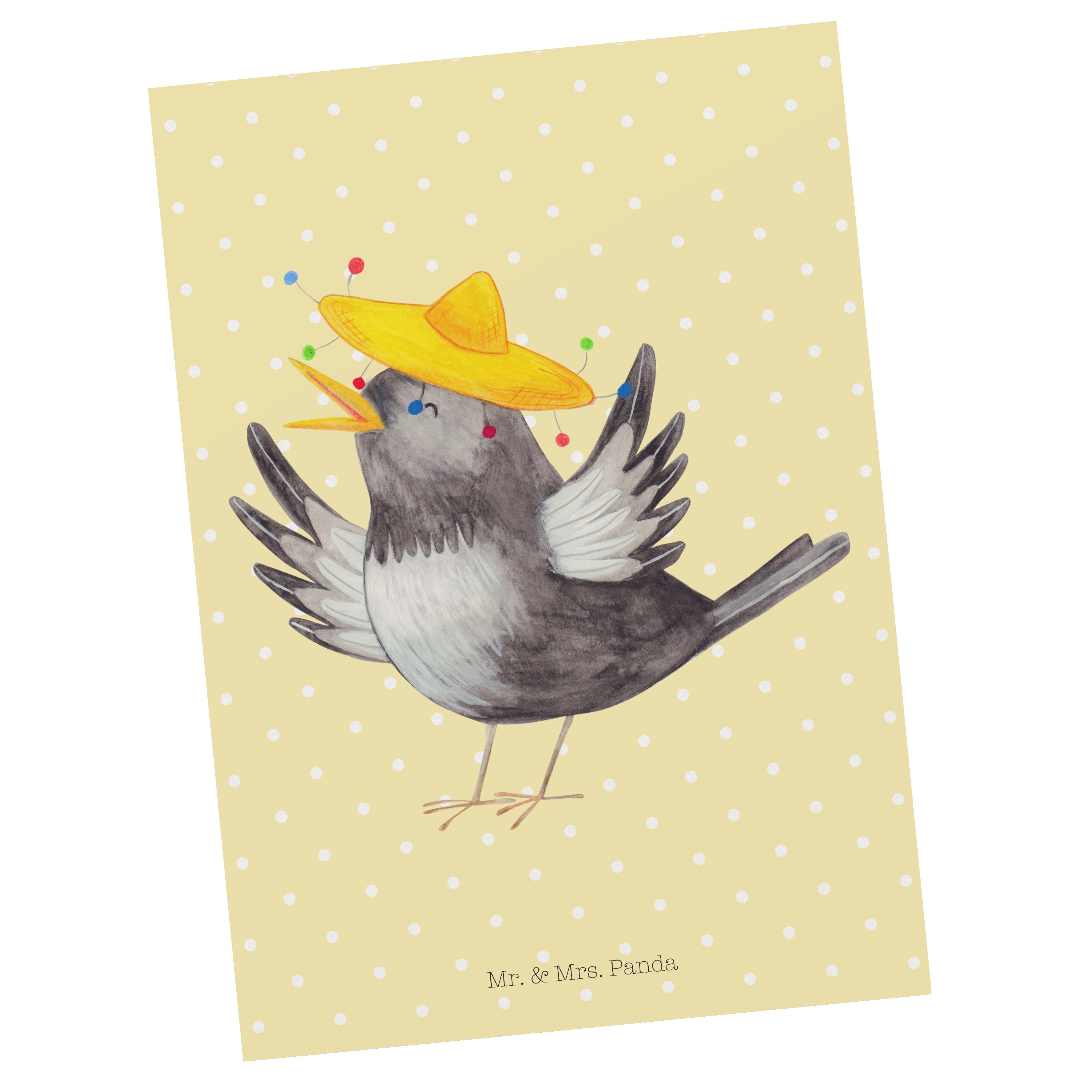 Mr. & Mrs. Panda Postkarte Rabe mit Sombrero - Gelb Pastell - Geschenk, Glück Spruch, Tiermotive