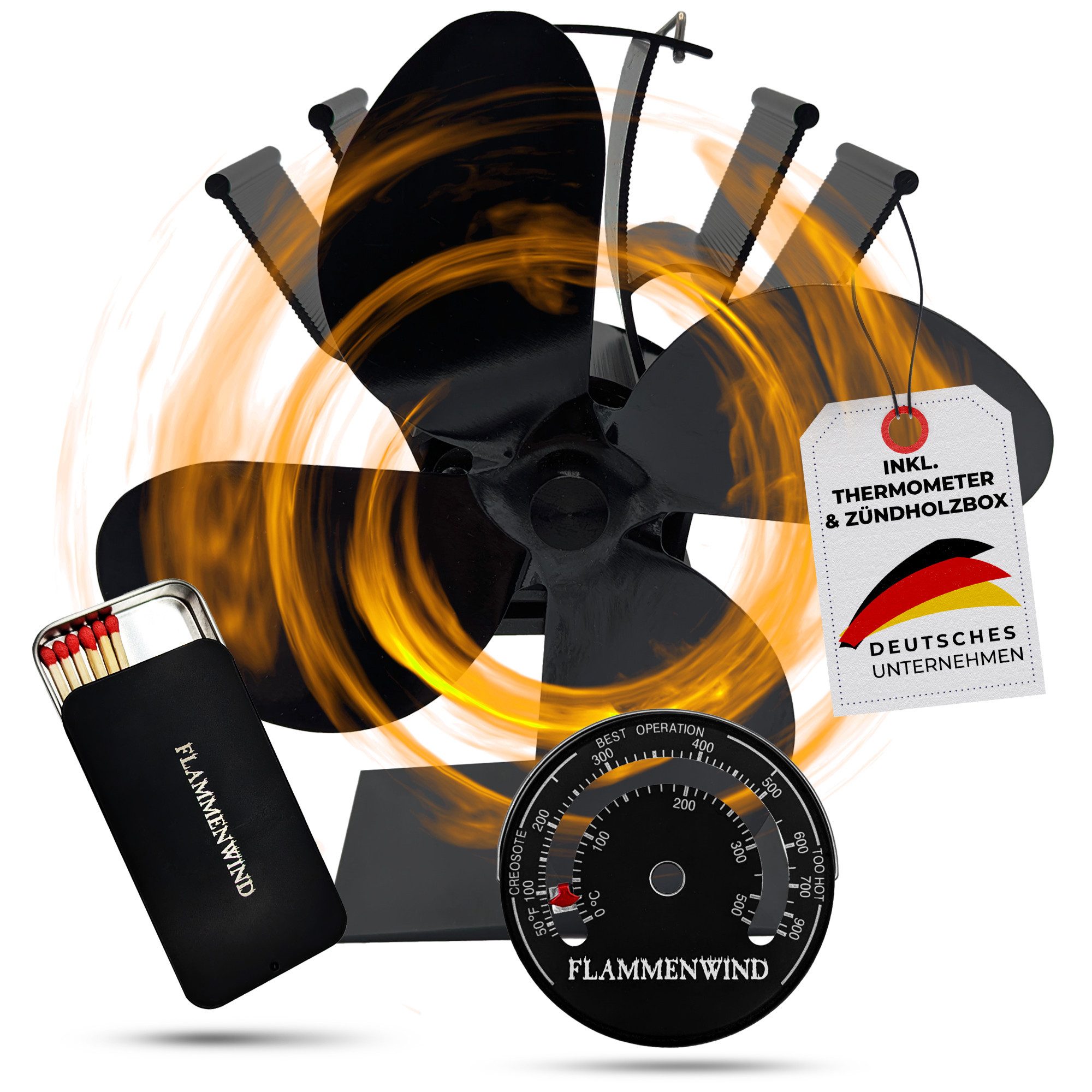 Flammenwind Kaminventilator Ofenventilator-wärmebetrieben, ohne Batterie Nutzbar inkl. Thermometer, Premium Gerät sorgt für Wärmeverteilung ohne Stromverbrauch