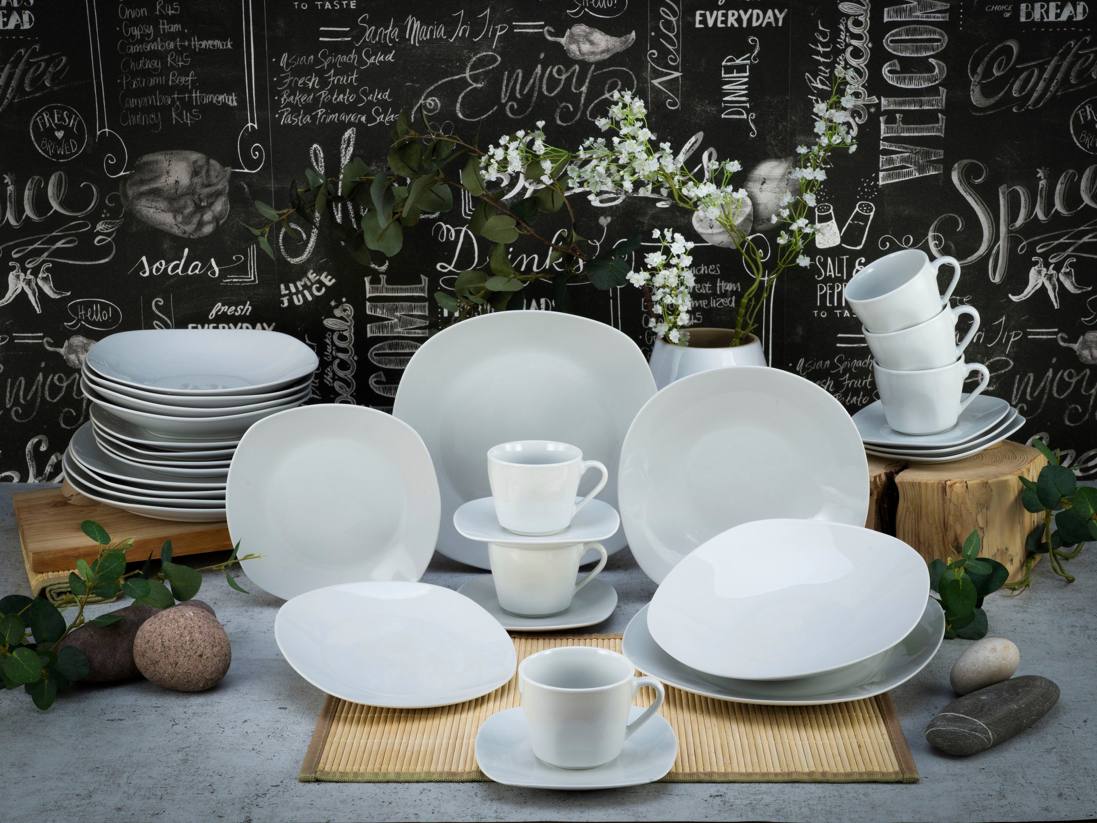 CreaTable Kombiservice Square Weiss (30-tlg), 6 Personen, Porzellan, abgerundete, quadratische Form