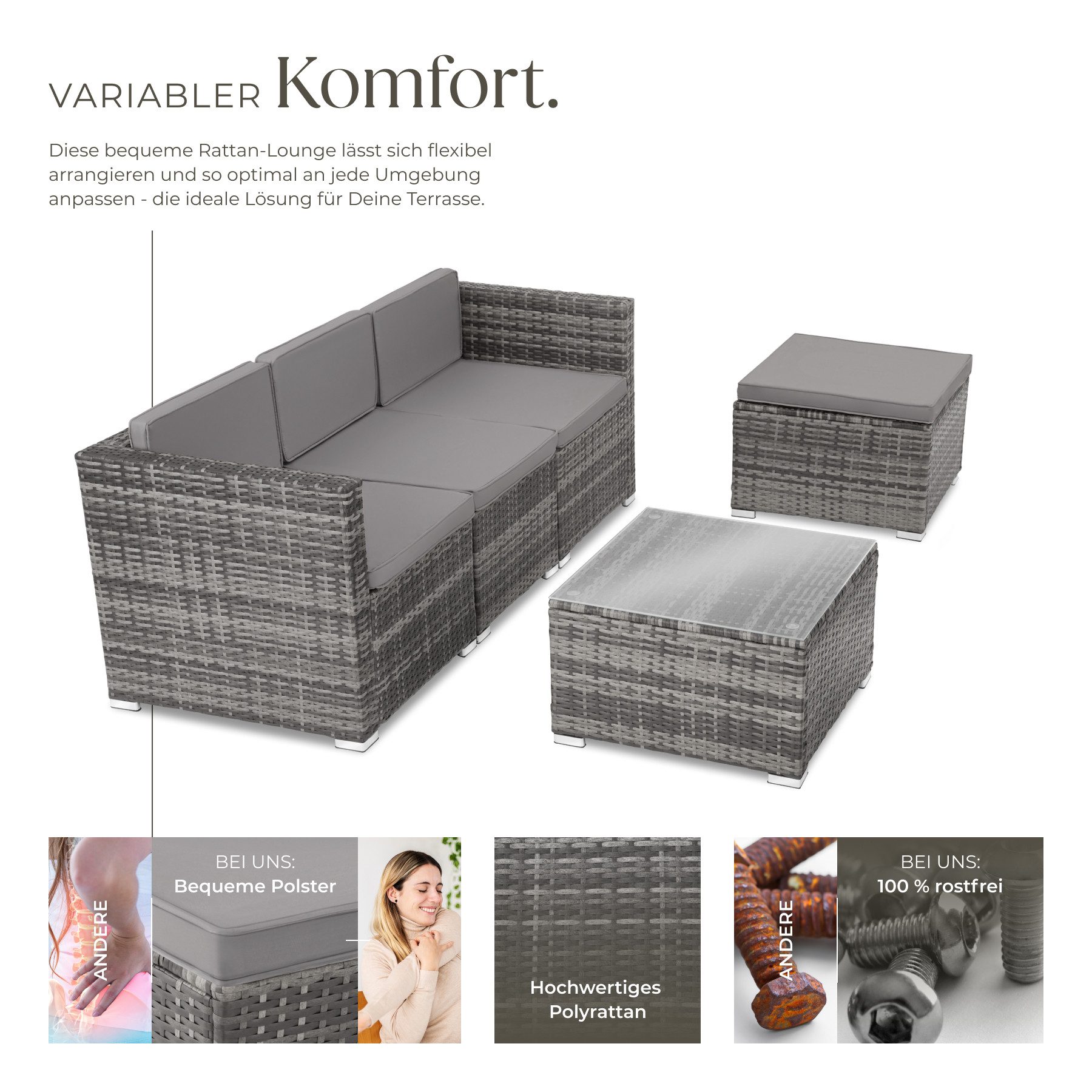 tectake Loungeset rattan sitzgruppe lignano mit uv-beständigem geflecht, (garden lounge set Lignano, 5-tlg., in Grad), abnehmbare, waschbare bezüge und sicherhe – Bild 3 von 5