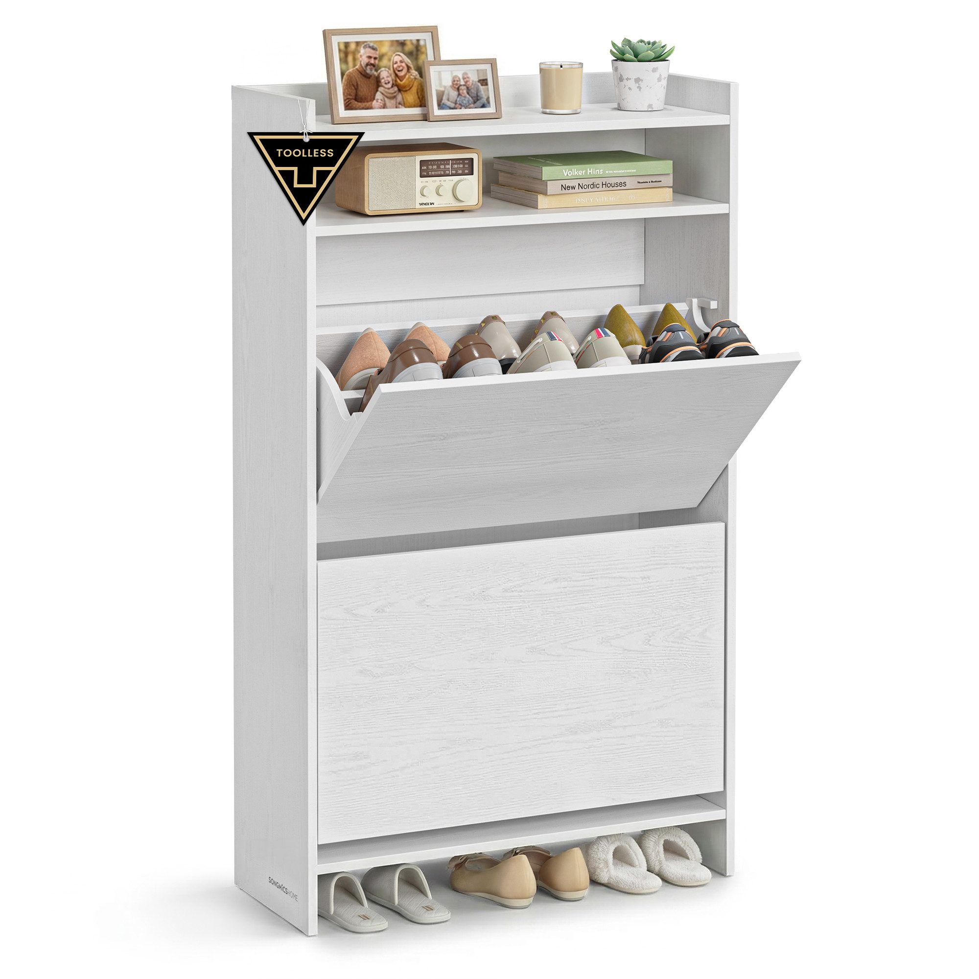 SONGMICS HOME Schuhschrank 2 Klappen, Schuhkipper schmal, Schuhaufbewahrung, 24x60x102,8 cm, weiß superschnelle werkzeuglose Montage, Trennwand verstellbar, modern
