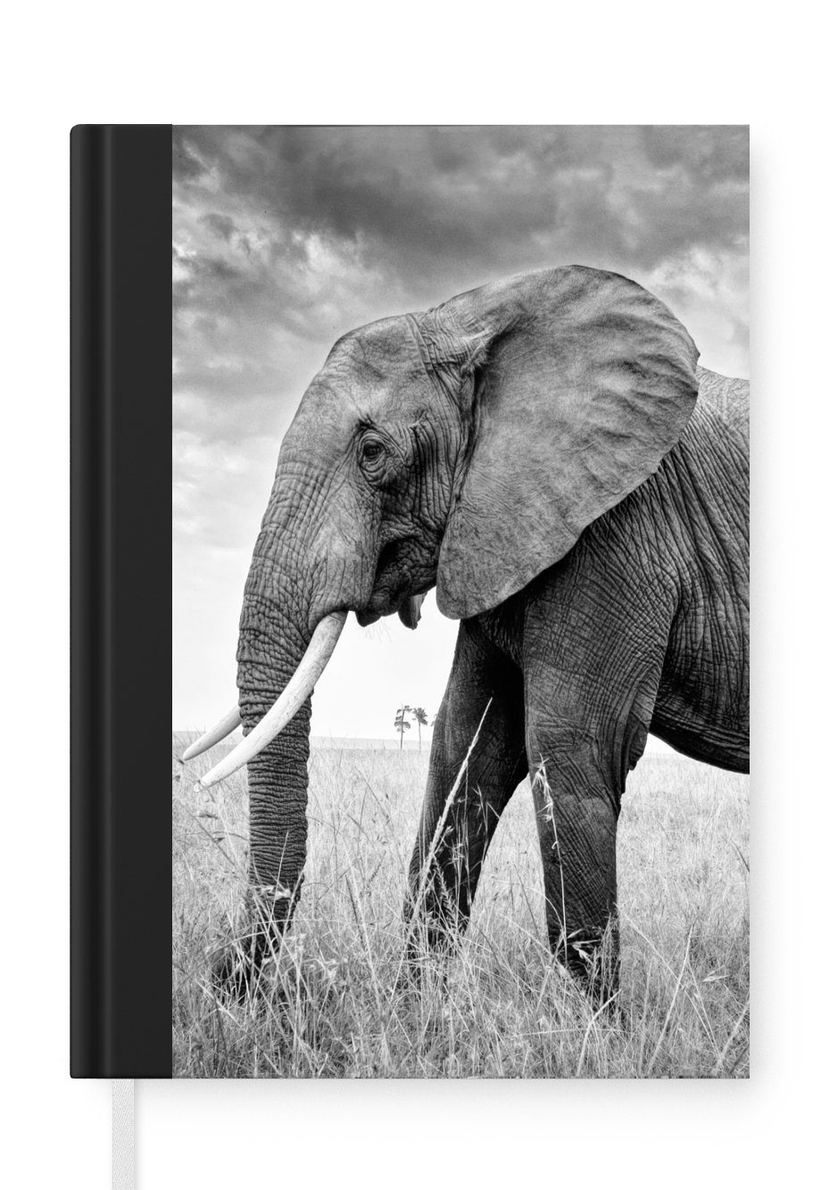 MuchoWow Notizbuch Elefant - Gras - Tiere - Schwarz und weiß, Journal, Merkzettel, Tagebuch, Notizheft, A5, 98 Seiten, Haushaltsbuch