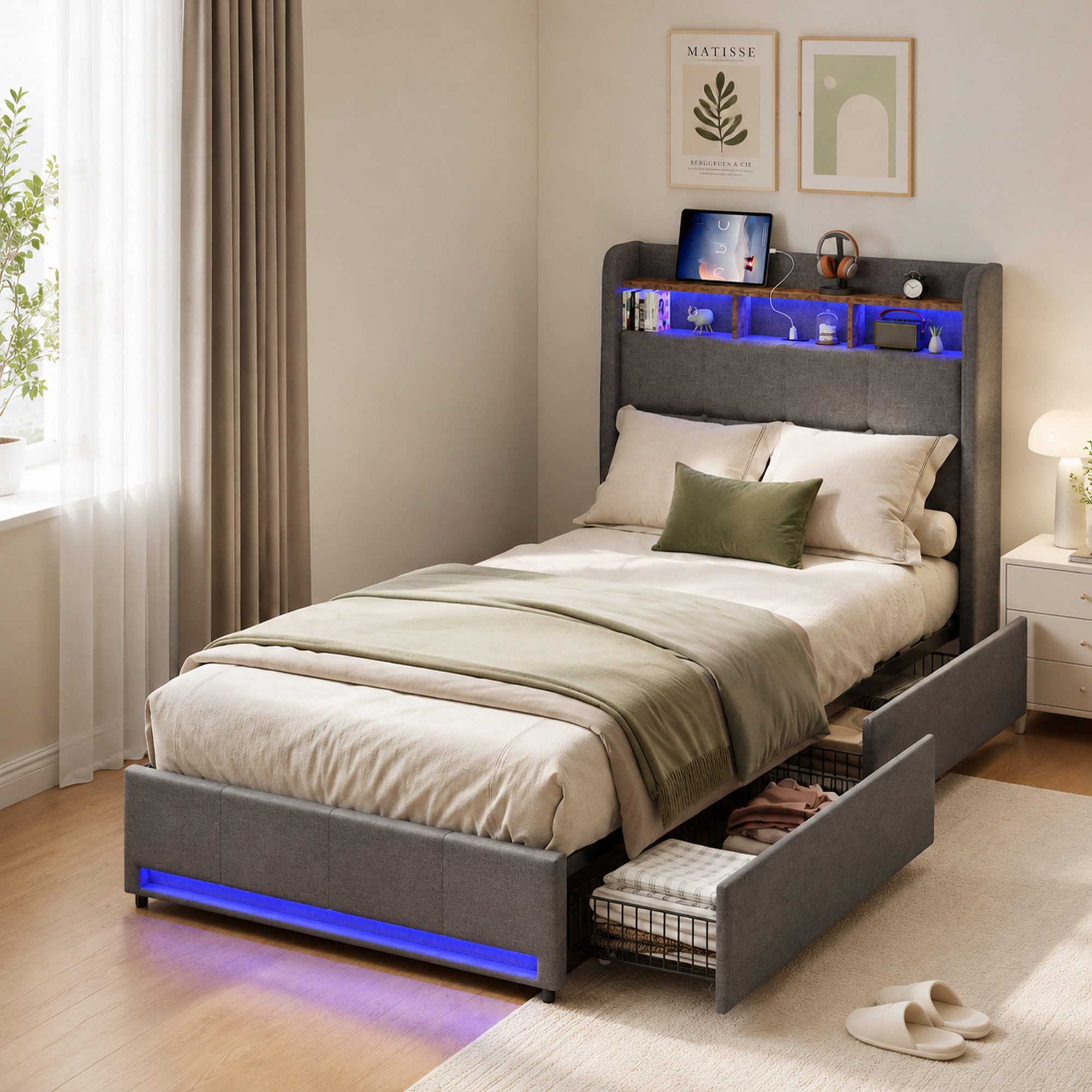 Simurq Stauraumbett Einzelbett 90x200, Stauraumbett, Jugendbett, Multimedia Bett (LED-Lichtband, USB & Type-C Anschluss), Polsterbett 90x200 mit Schubladen
