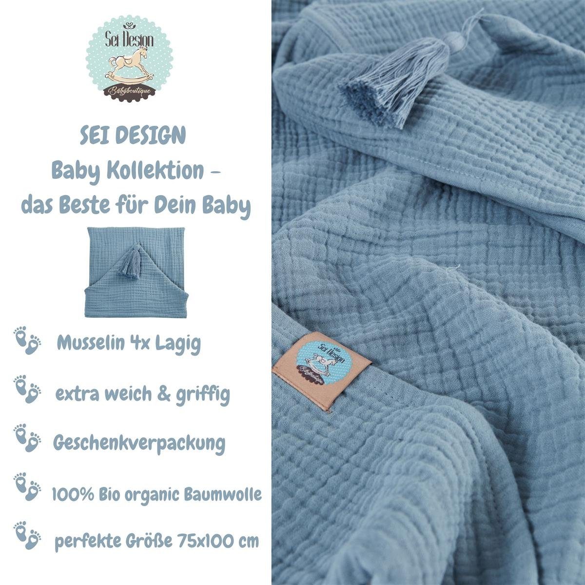 BIO - Design Baby-Badeponcho Musselin Baumwolle jeans Musselin 75x100 Kapuzenhandtuch cm, BIO (1-St), 4-lagig 100% SEI