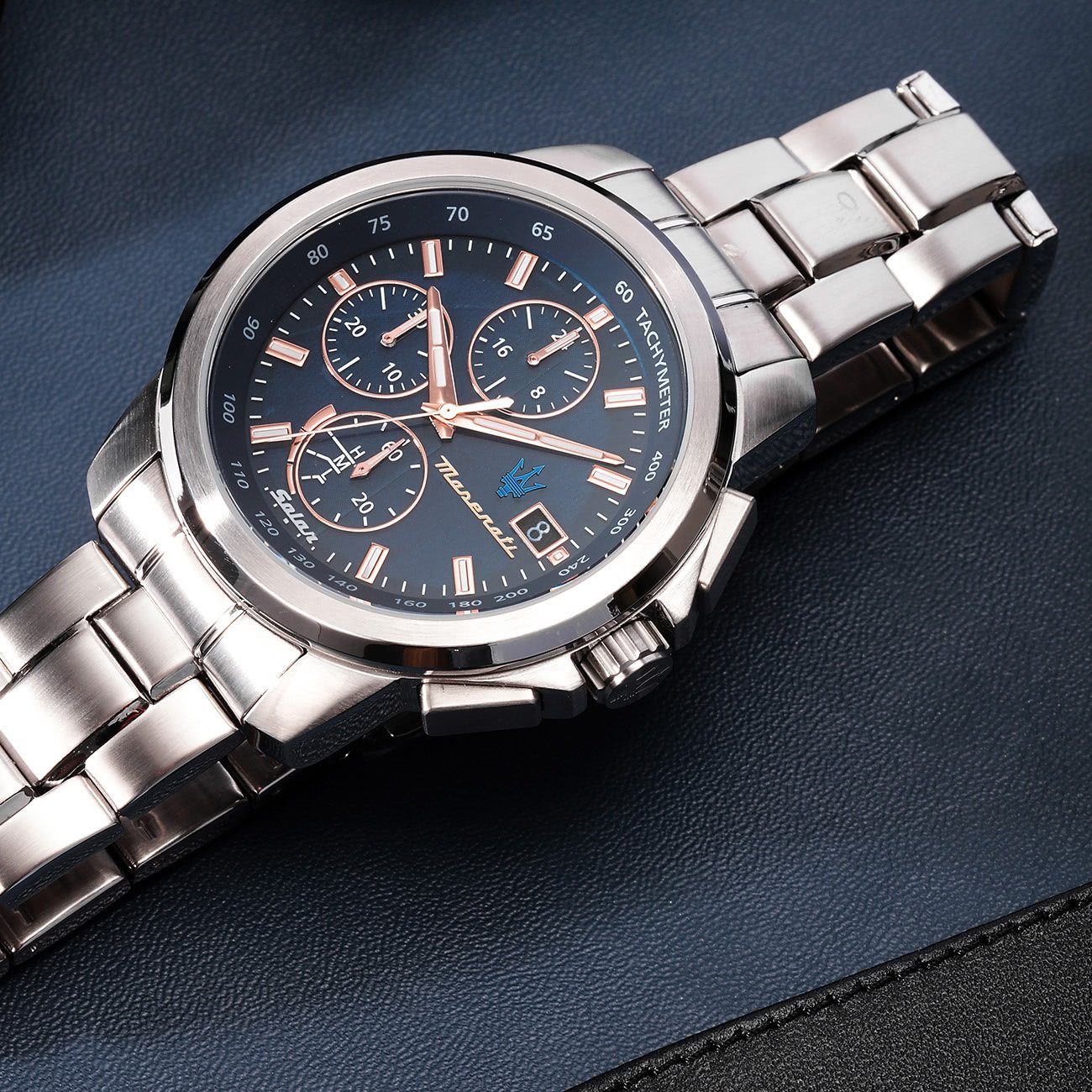 44mm) groß Made-In (ca. Herren Italy Maserati Chronograph rund, MASERATI Herrenuhr Edelstahlarmband, Chronograph, silber