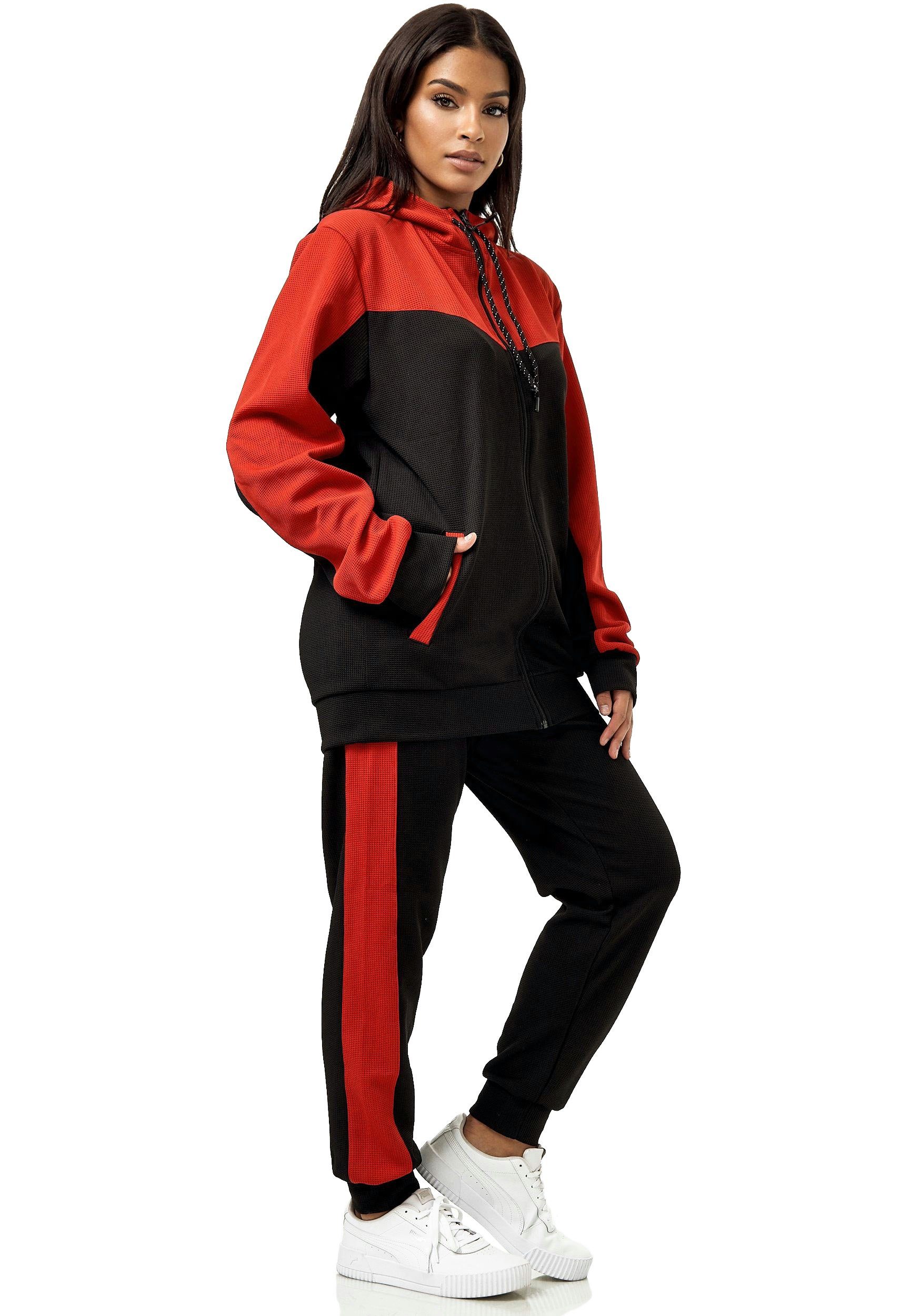 L.gonline Freizeitanzug Damen Trainingsanzug, Jogginganzug mit Kapuzenjacke, 0986 (Kapuzenjacke mit Reißverschluss, Hose, 2-tlg), Fitness Freizeit Casual