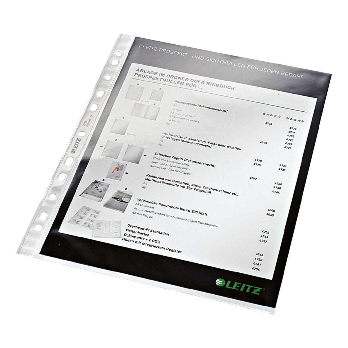 LEITZ Prospekthülle 4770, 100 Stück, glasklar, Format A4, Multilochung, oben offen