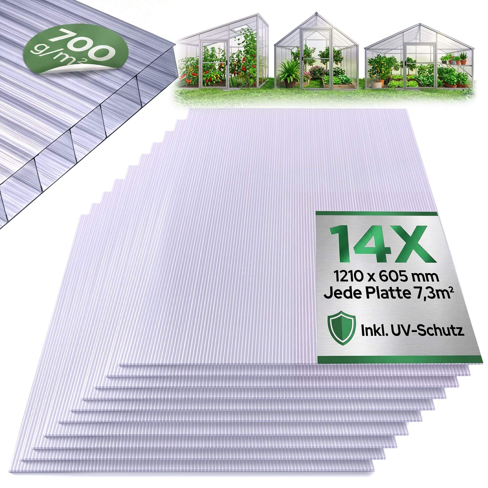 Arebos Hohlkammerplatte Transparent, für Gewächshaus, Carport, Frühbeet, Überdachung, 4 mm, 700 m², (14-St)