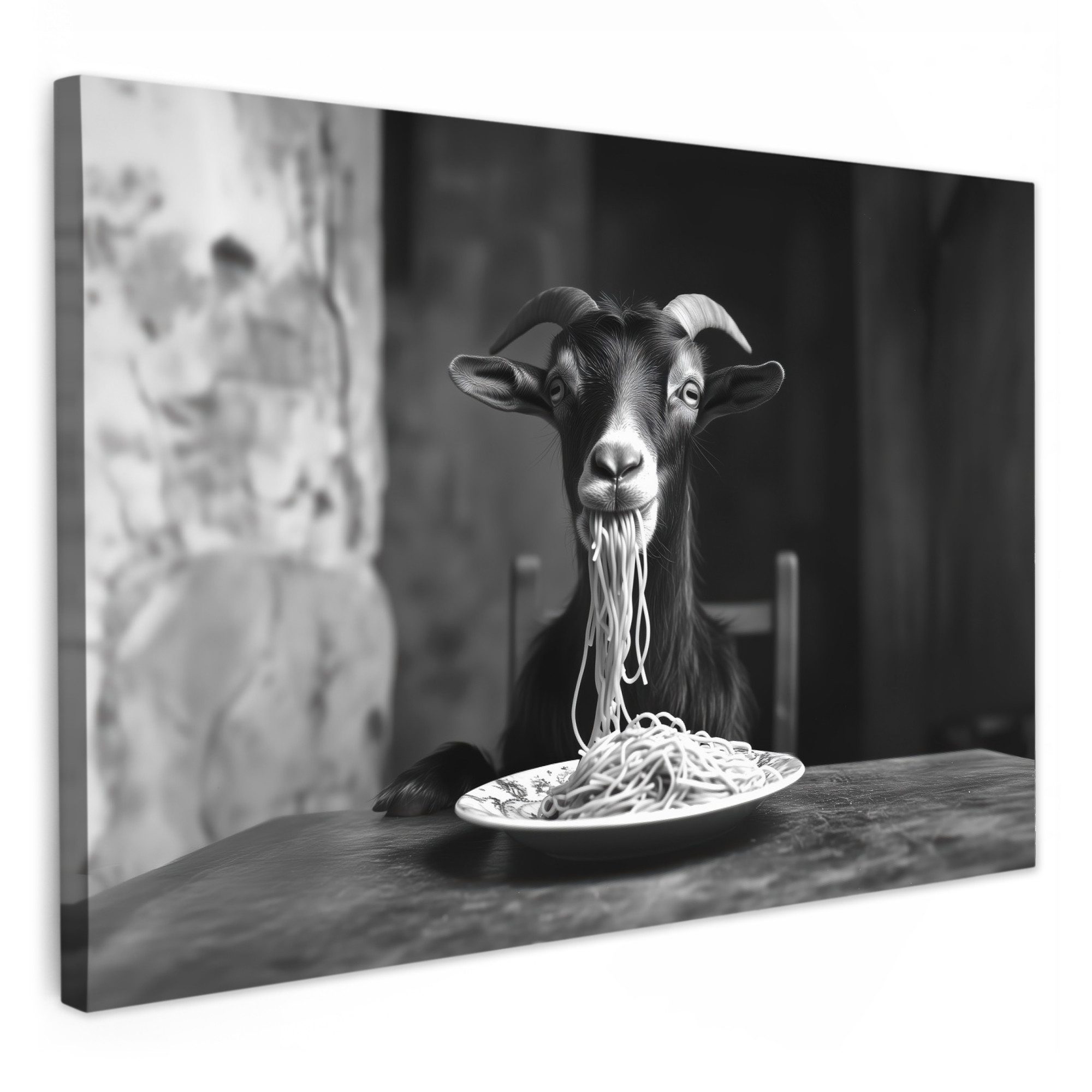 OneMillionCanvasses® Leinwandbild Ziege - Teller - Spaghetti - Schwarz und weiß, Fotodruck (1 St), Küchenbilder Modern, Deko Bilder für die Küche 30x20 cm
