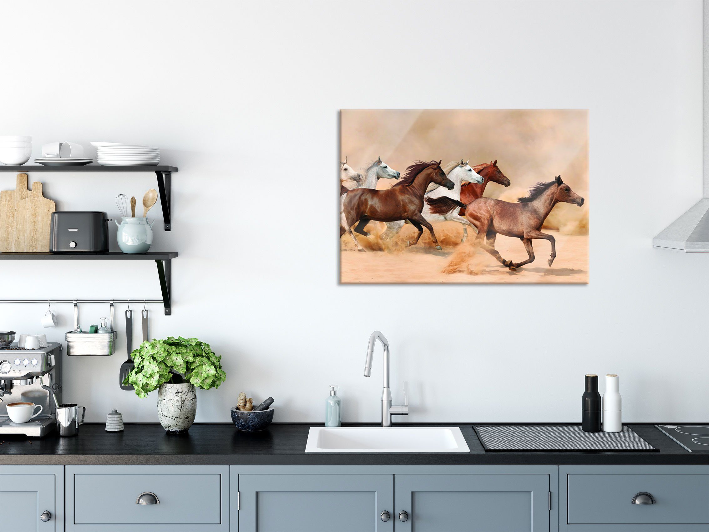 Pixxprint Glasbild Western Pferde St), inkl. Glasbild Abstandshalter Wüste, und Pferde in Wüste Echtglas, aus (1 in Aufhängungen Western