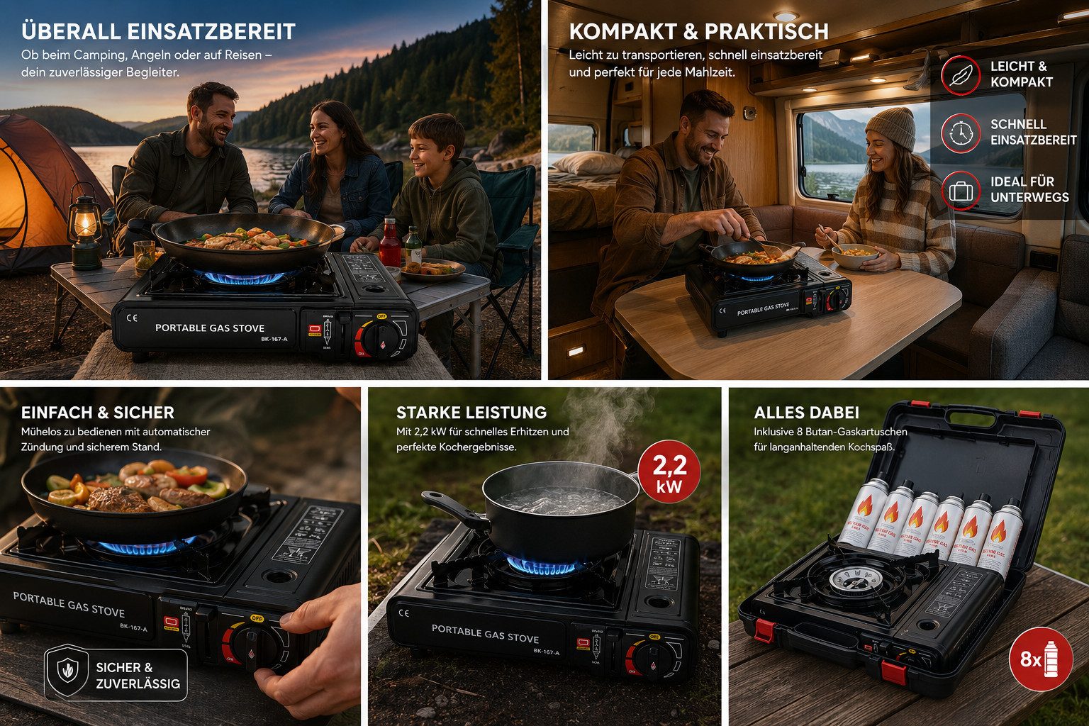 Ertex Gaskocher Campingkocher Gasherd portabel Campingherd mit Koffer & Gaskartuschen