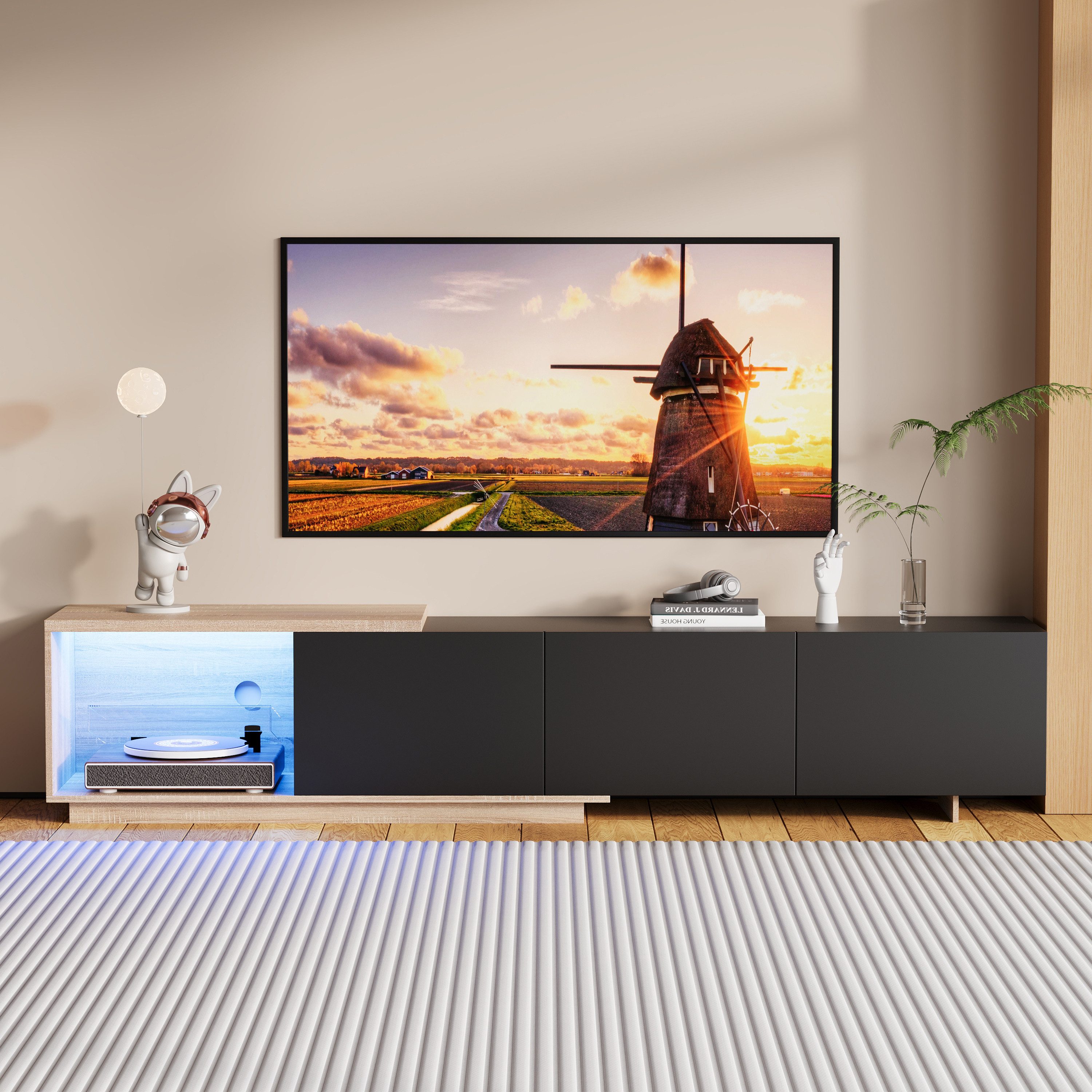FUROKOY Lowboard Hochglanz-TV-Schrank, für bis 75 Zoll (Fernsehtisch, Fernsehschrank, TV Board), für Wohnzimmer und Schlafzimmer, 240 x 38 x 44 cm, Schwarz