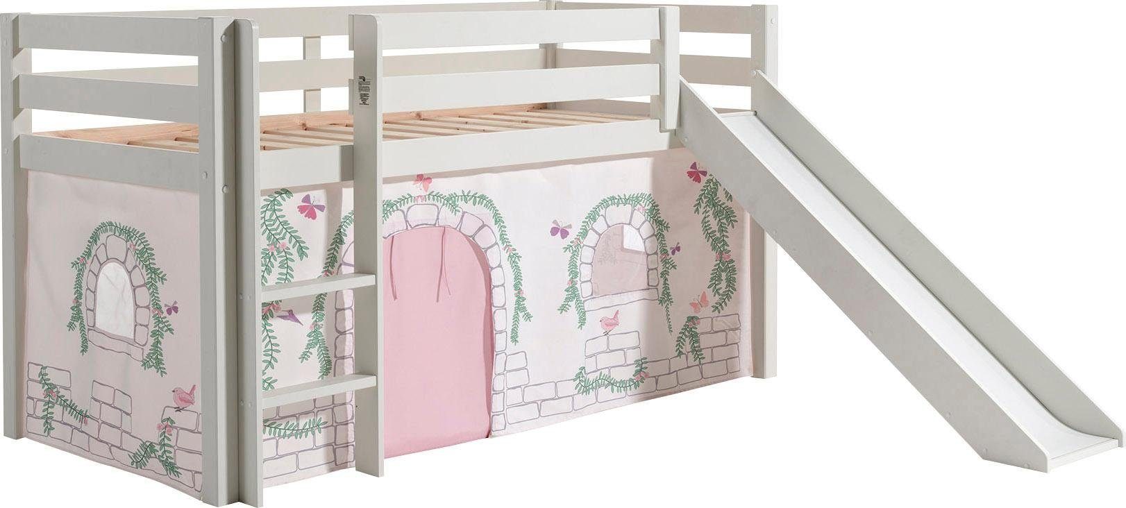 Vipack Hochbett Pino, Spielbett massiv Kiefer, stabil gebaut, 3 Korpusfarben zur Wahl (inkl. Rolllattenrost, Leiter und Absturzschutz, mit oder ohne Rutsche) Textil-Set "Astronaut", inkl. Vorhang, mit oder ohne Tunnel