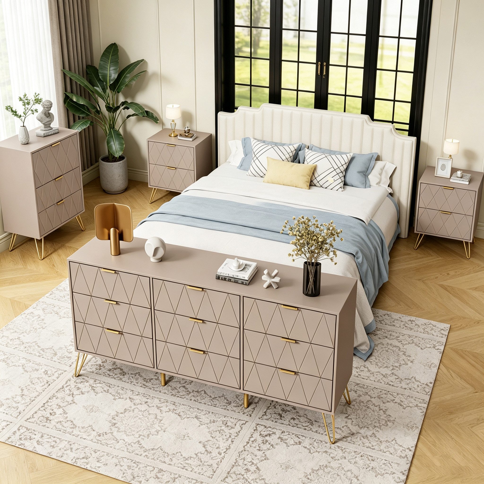 UEV Schlafzimmer-Set 3er-Set Schlafzimmermöbel, Möbelset im skandinavischen Stil, (Modern Linienmuster, Kommode mit 9 Schubladen und 2er-Set Nachttisch), Schran – Bild 2 von 5