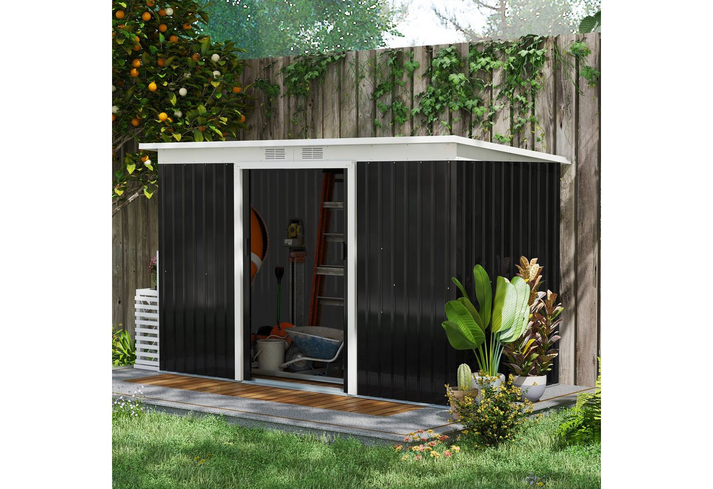 Thumbnail - Outsunny Gerätehaus Gartenhaus mit Schiebetür, Fenster, Stahl, BxT: 280x130 cm, (Schuppen, 1 St., Geräteschuppen), für G...