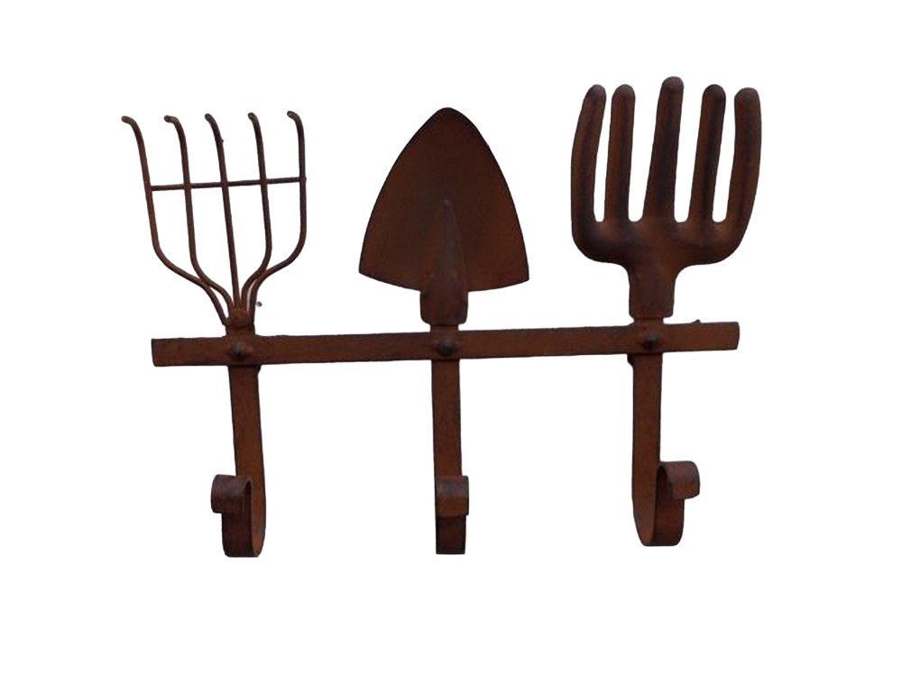 Deko-Impression Hakenleiste Hakenleiste Gartenwerkzeug 3er Eisen Wandhaken Rost 32 cm Landhausstil, (1 St)