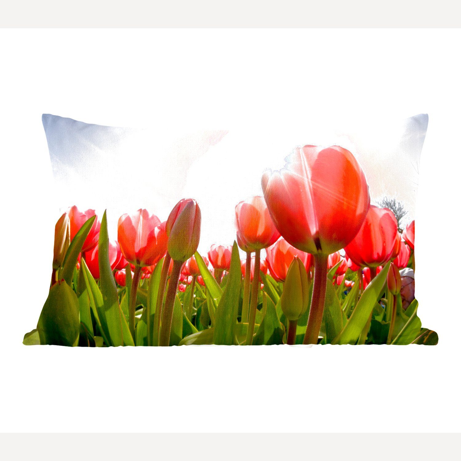 MuchoWow Dekokissen Rote und Wohzimmer Tulpen Dekoration, das Zierkissen, Füllung, mit Sonnenlicht, Dekokissen Schlafzimmer