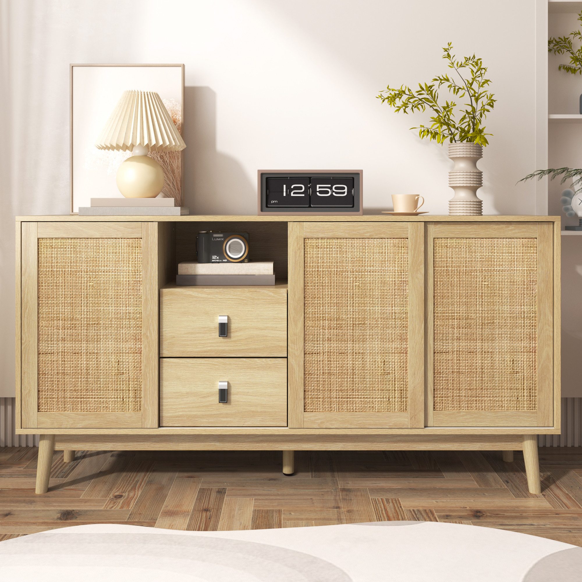 Celya Sideboard Kombikommode mit 3 Schiebetüren aus echtem Rattan und 2 Sch günstig online kaufen