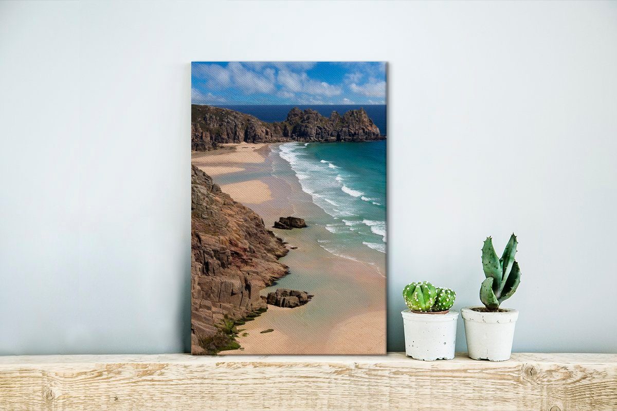 Leinwandbild Strand cm fertig Leinwandbild OneMillionCanvasses® Cornwall, inkl. spülen 20x30 Wellen St), an den bespannt (1 Gemälde, von Zackenaufhänger,