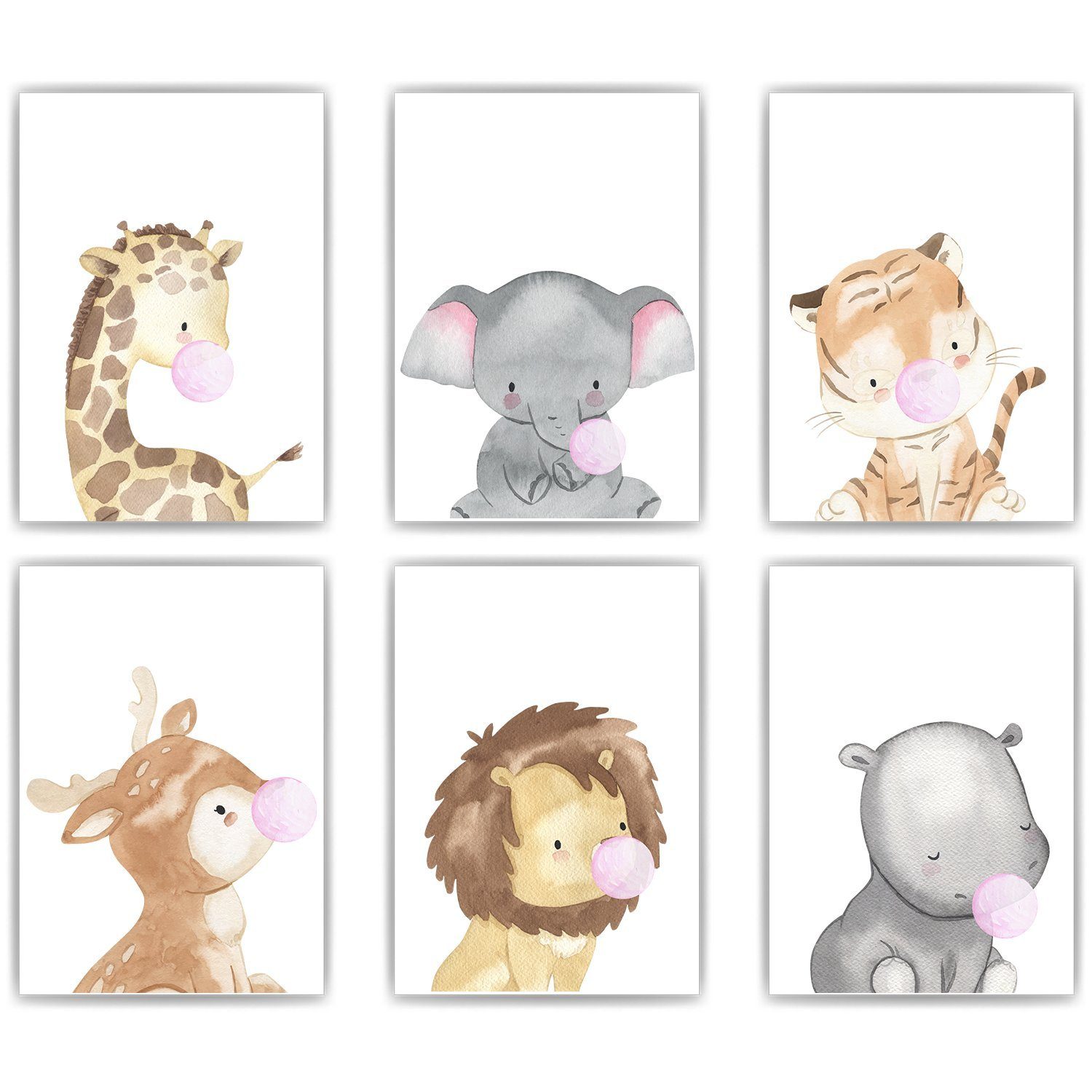 Poster Safari Tiere Kaugummi 6er Set Bilder Giraffe Elefant Tiger Reh Löwe