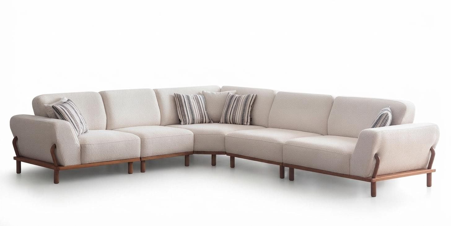 Xlmoebel Ecksofa Modernes Weißes L-förmiges Ecksofa Stoff Holz Wohnzimmer Couch, 1 Teile, Ecksofa mit modernem Design