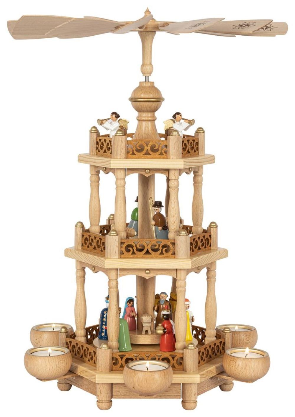 Weihnachtspyramide Teelichtpyramide Heilige Familie mit bunten Figuren, 2-stöckig