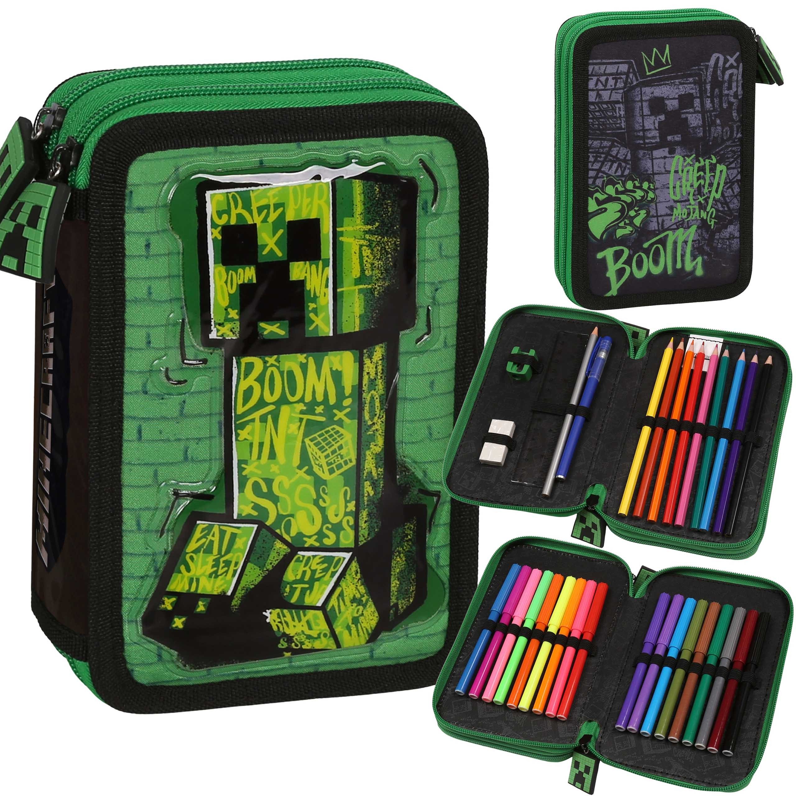 Minecraft Federmäppchen Minecraft Creeper Federmäppchen für Jungen mit Zubehör, 32 Teile