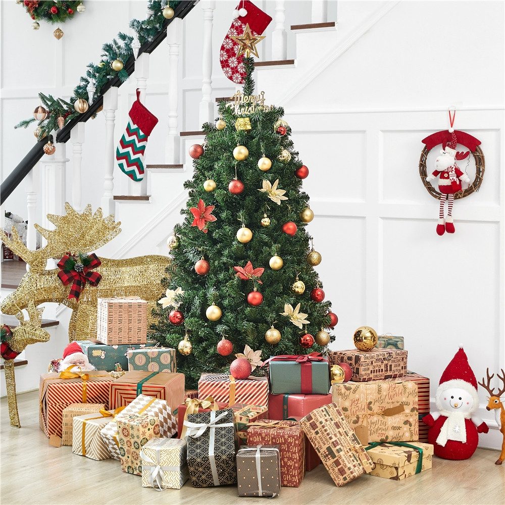 Yaheetech Künstlicher Weihnachtsbaum 152,5/183 cm (H), Fichte, LED Tannenbaum mit 9 Lichtmodi, mit Faltbarem Metallständer