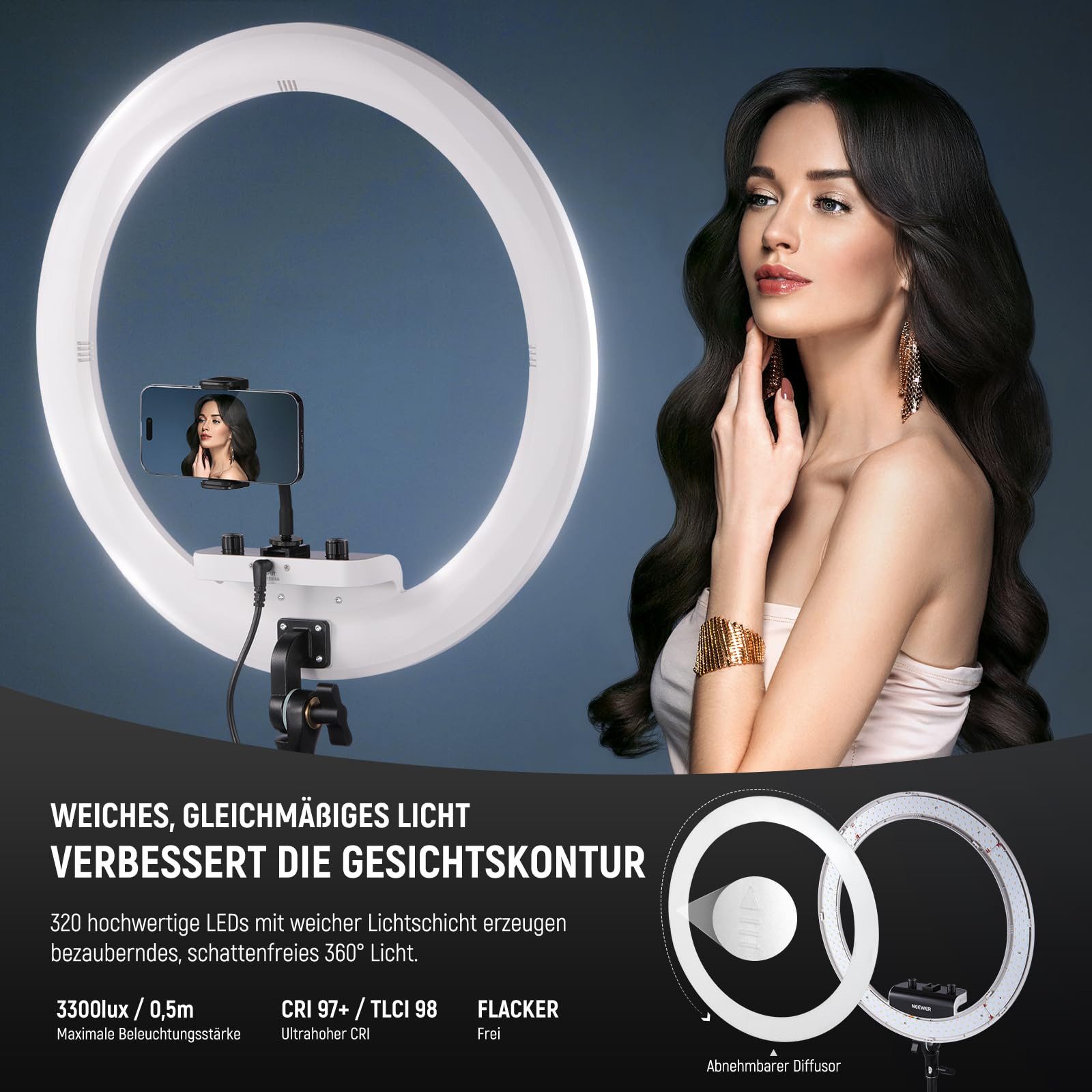 Neewer Ringlicht RP18B Professionelles Ringlicht, 45W, mit Ständer und Telefonhalter, Fernauslöser und App Steuerung, TLCI98, für Make up Live Stream TikTok