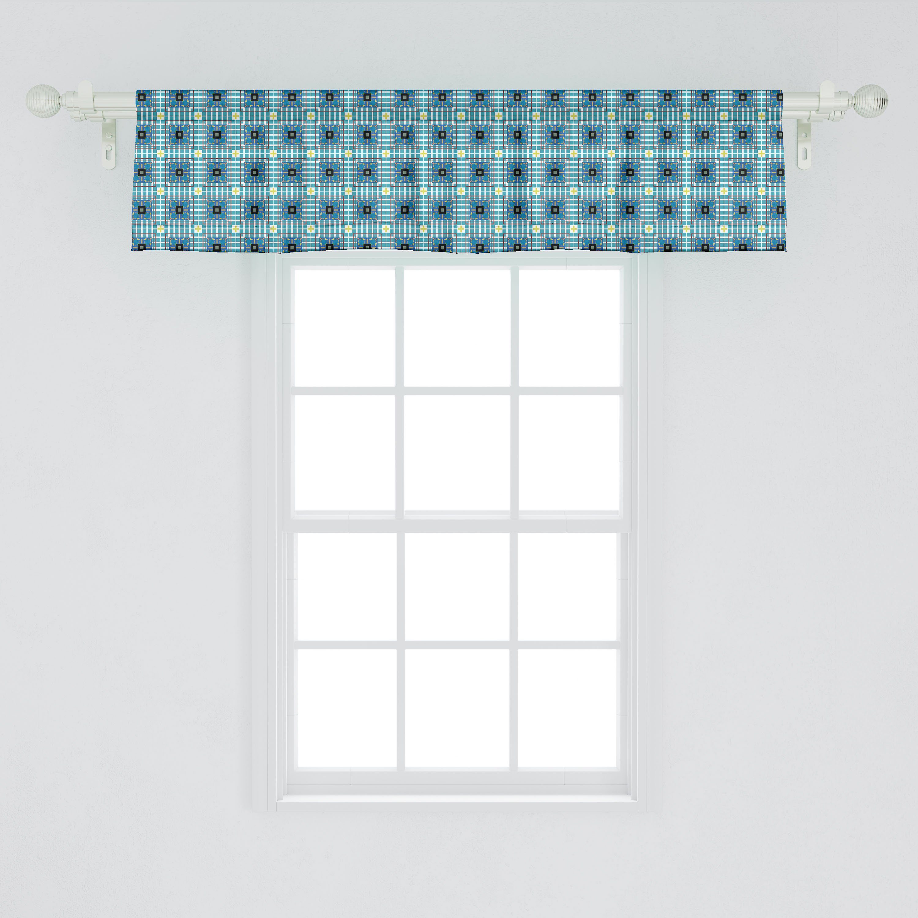 Microfaser, Volant Schlafzimmer Geometrisch Küche Retro Abakuhaus, mit Stangentasche, Dekor Vorhang Squares Ornamental Scheibengardine für