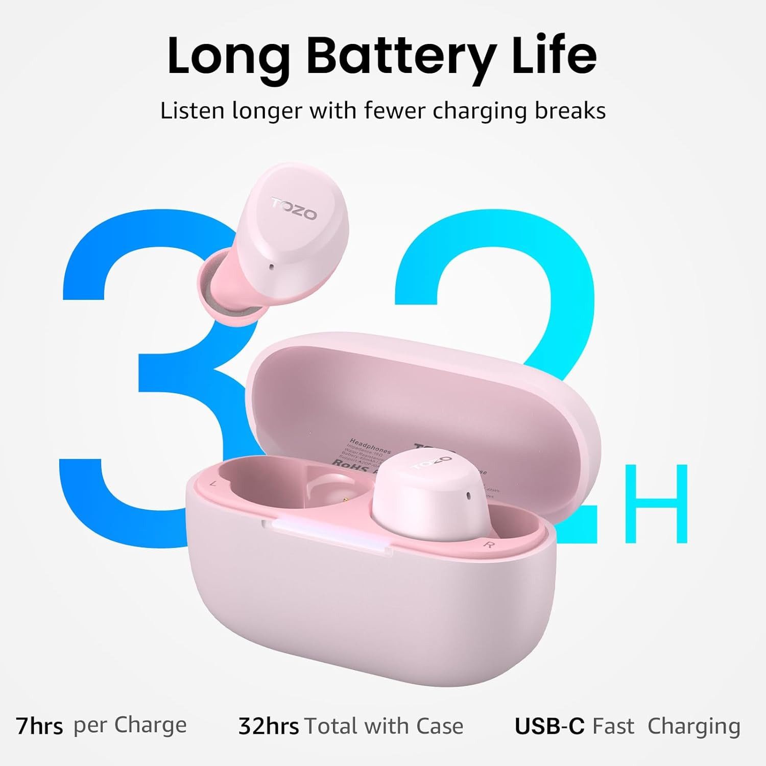 TOZO Ultraleichte Bluetooth Kopfhörer kabellos mit 32 Std. Akkulaufzeit In-Ear-Kopfhörer (Ergonomische Kopfhörer für kleine Ohren sorgen für sicheren Halt ohne Druck bei längerem Tragen., Stereo Sound Earbuds mit Touchsteuerung & IPX5 Wasserschutz)