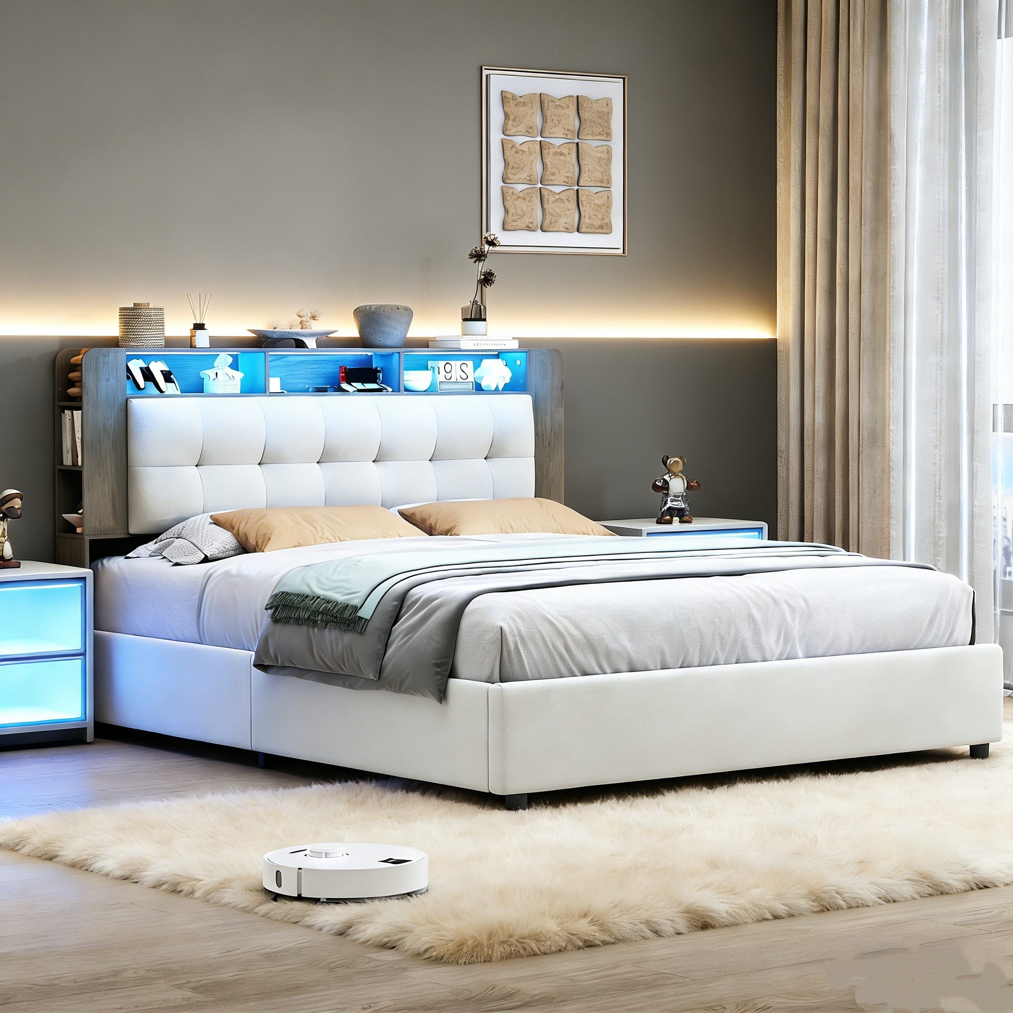 PXloue Polsterbett LED hydraulisches Doppelbett (Kopfteil mit integrierter kabelloser Ladefunktion), Boxspringbett, mit Stauraum und integrierter Beleuchtung,140x200 cm