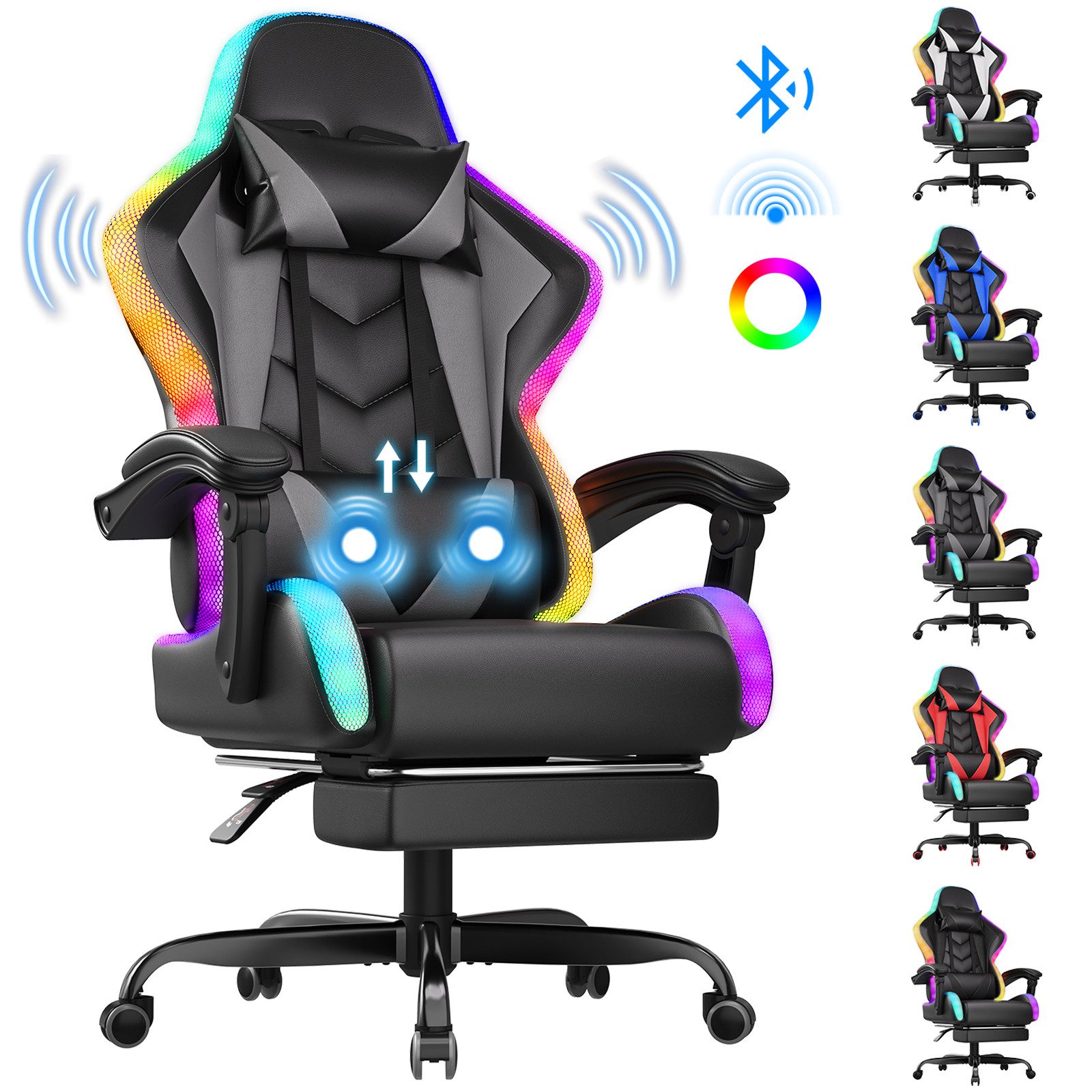 HOMALL Gaming-Stuhl mit LED,Ergonomisch,Fußstütze,computerstuhl,gaming stuhl mit massage (Die LED-Beleuchtung ist einstellbar, das Massagekissen für den Rücken ist beweglich), Ergonomischer Bürostuhl,Kopfstütze und Lendenstütze