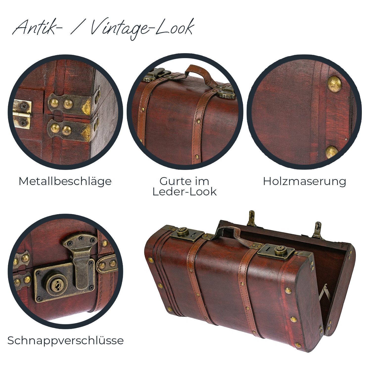 HMF Schatzkiste Schatztruhe aus Holz große Schatzkiste mit Schnappverschlüssen Vintage (1 St), Koffer für Kindergeburtstag Hochzeit Jubiläum 40 x 23,5 x 16,5 cm – Bild 4 von 5