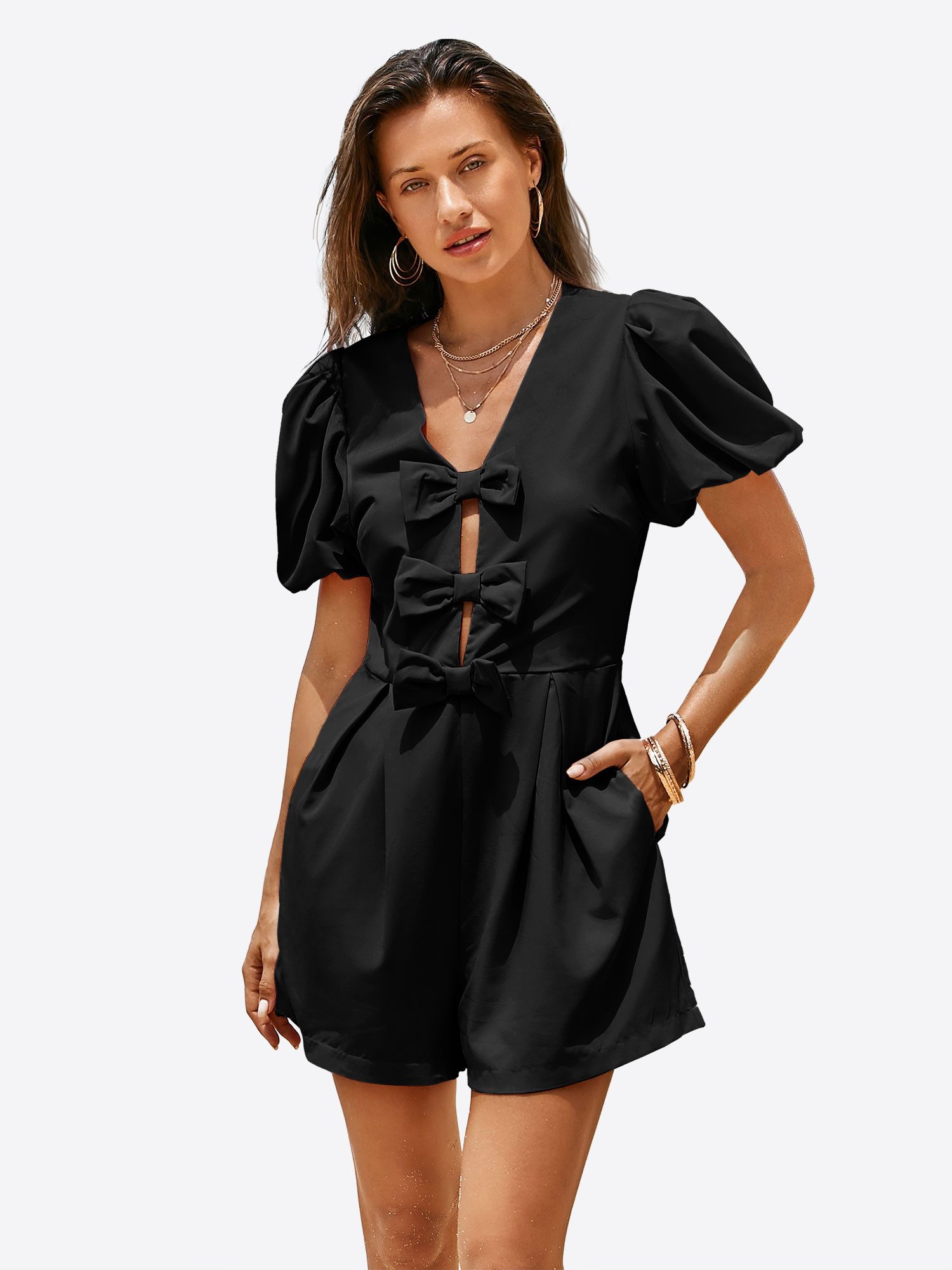 Imily Bela Strampler Damen Jumpsuits mit Schleife vorne und Puffärmeln (Packung, 1-tlg., 1per-Pack) einfarbig