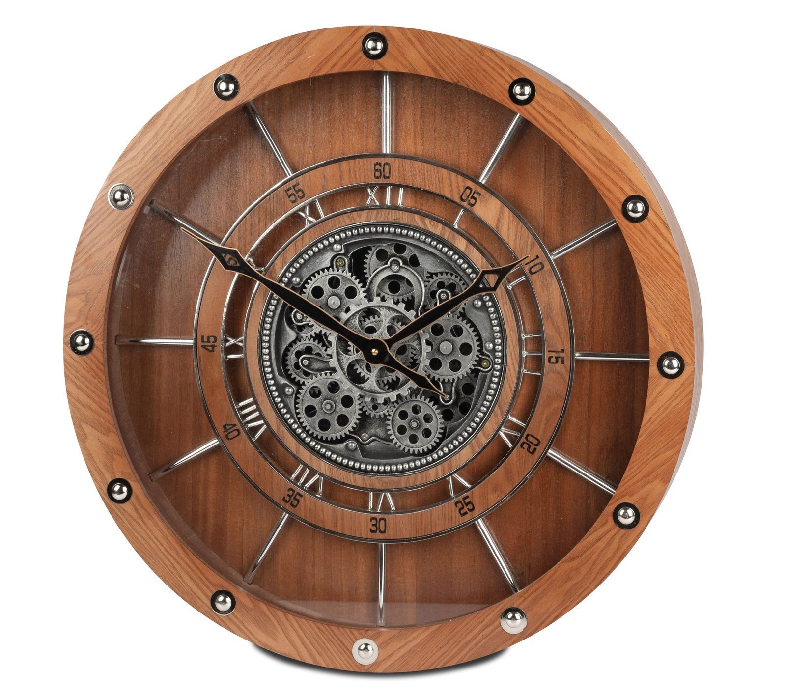 formano Wanduhr Wanduhr 60cm mit drehenden Zahnrädern Braun Industrial Stil Holz (Sichtbar bewegliche Zahnräder)