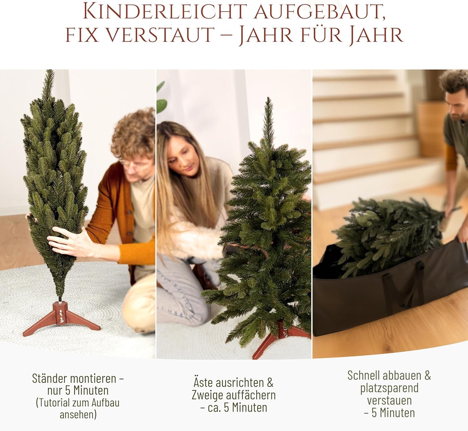 PURE LIVING INTERIOR DESIGN Künstlicher Weihnachtsbaum Nordmanntanne naturgetreu mit Holzständer, erhältlich in 90-250 cm, Nordmanntanne, Elegant, Stilvolle Dek – Bild 5 von 5