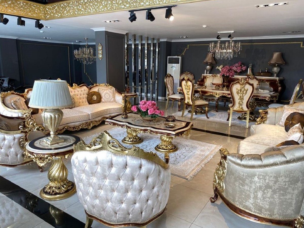 Casa Padrino Couchtisch Luxus Barock Set Silber / Braun / Gold - 2 Sofas & 2 Sessel & 1 Couchtisch & 2 Beistelltische - Handgefertigte Möbel im Barockstil - Edel & Prunkvoll