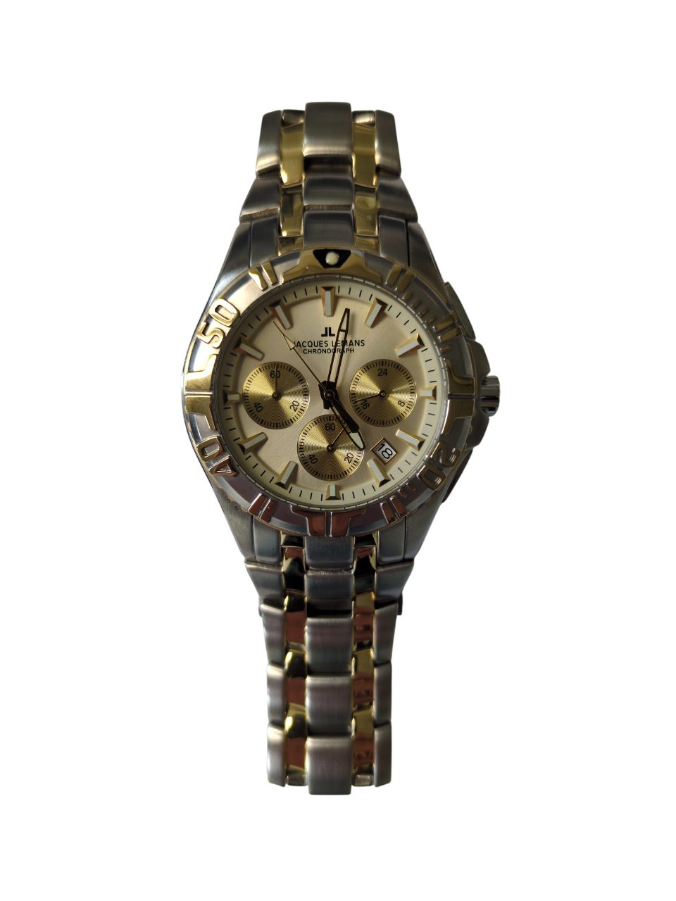 Jacques Lemans Chronograph Armbanduhr Edelstahl Chronograph Datum Edelstahl Silber Gold 1-1347E