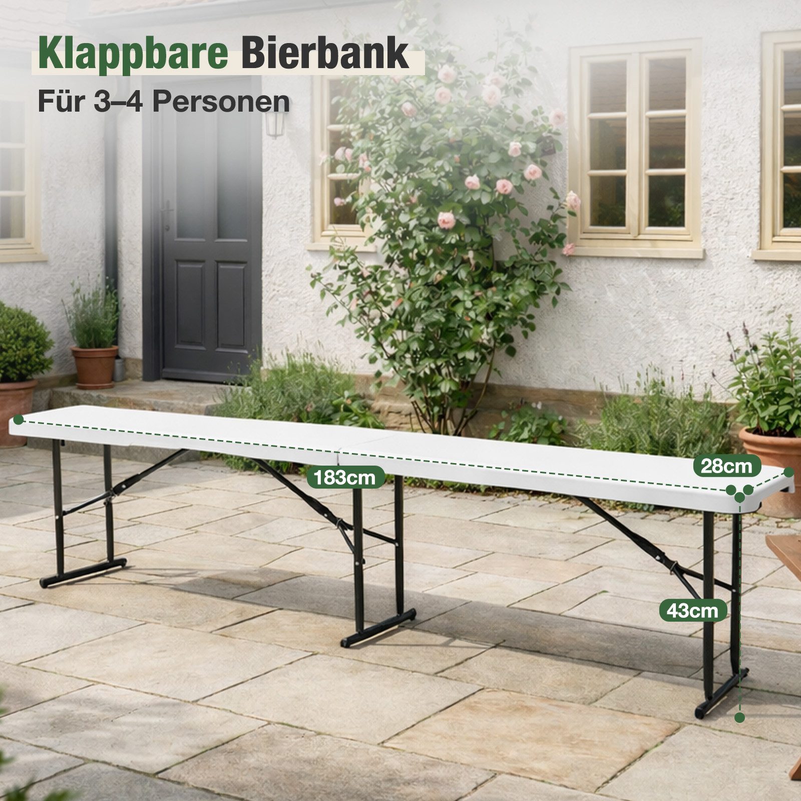 Sekey Gartenbank 180cm Klappbank Bierbank Gartenbank Campingbank bis 300kg Belastbar, Klappbar Bierbänke, Sitzbank Kunststoff