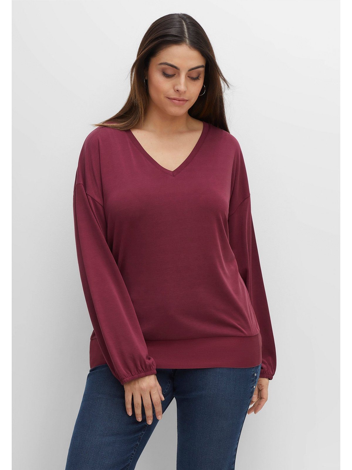 Sheego Langarmshirt Große Größen mit V-Ausschnitt und breitem Bund | V-Shirts