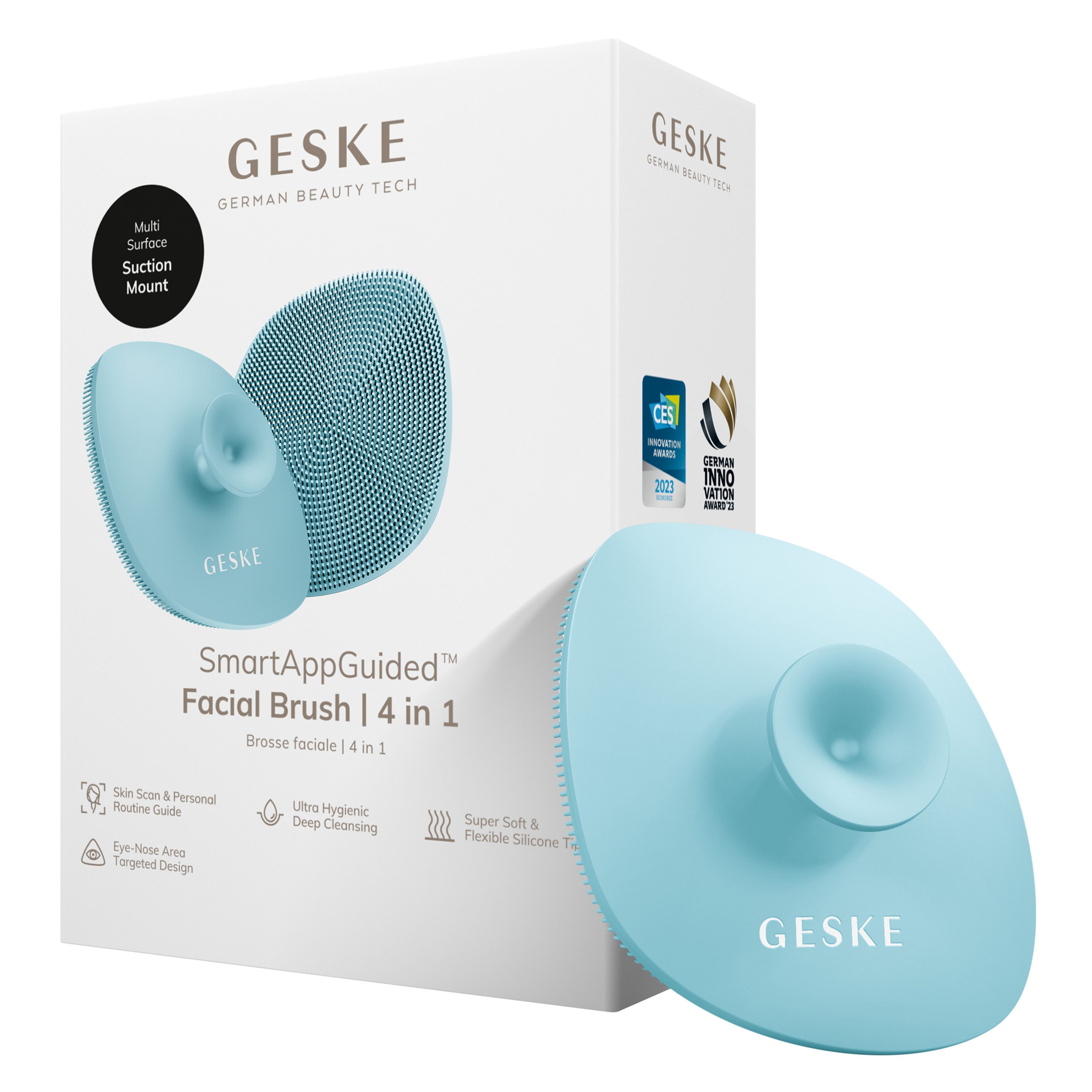 GESKE German Beauty Tech Gesichtsreinigungsbürste SmartAppGuided™ Facial Brush 4 in 1, Packung, 1-tlg., inkl. kostenloser APP (SmartAppGuided Device), Mit der GESKE App erhältst Du deine personalisierte Hautpflegeroutine.